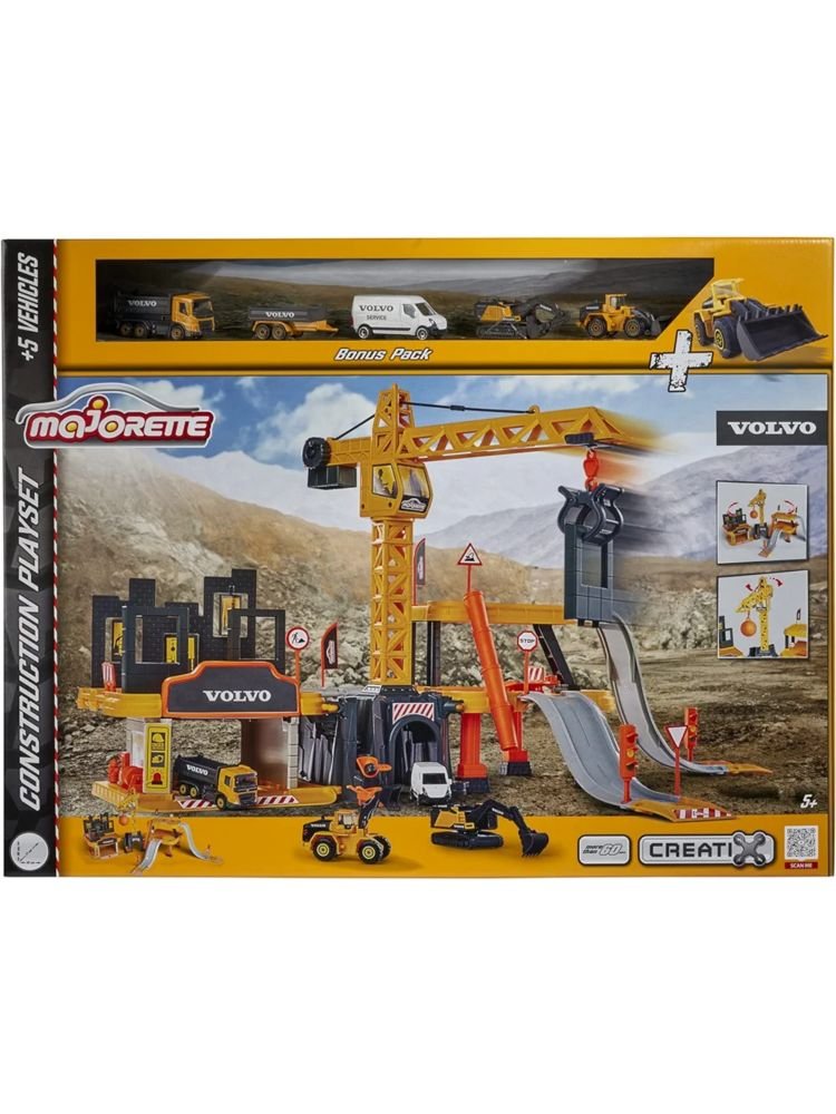 Majorette Creatix Construction Site Xxl Construction Toy Set, Includes 5 Volvo Construction Vehicles, Crane, Tunnel, Garage, Three Levels For Children, Yellow