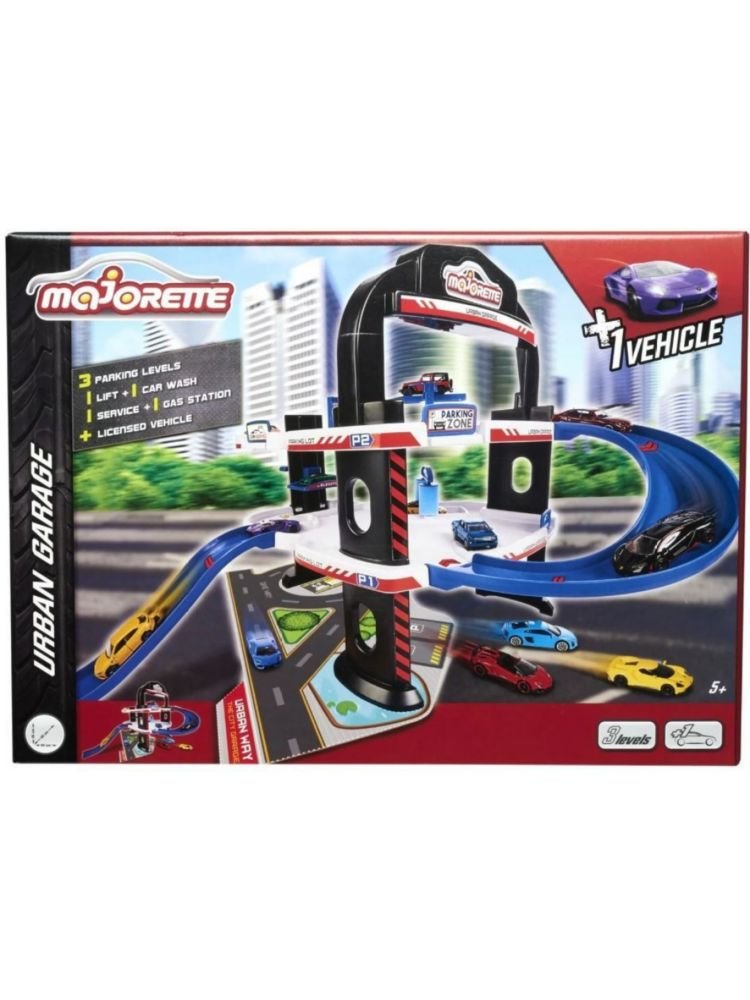 Majorette Urban Garage with Lift, Car Wash, Garage and Petrol Station, 5 Die Cast Vehicle with Rotating Wheels for Children