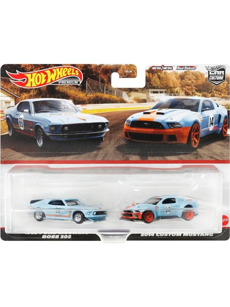 Hotwheels premium 2 pack 1969 ford Mustang boss 302 & 2014 custom Mustang Gulf (Blister Damage )