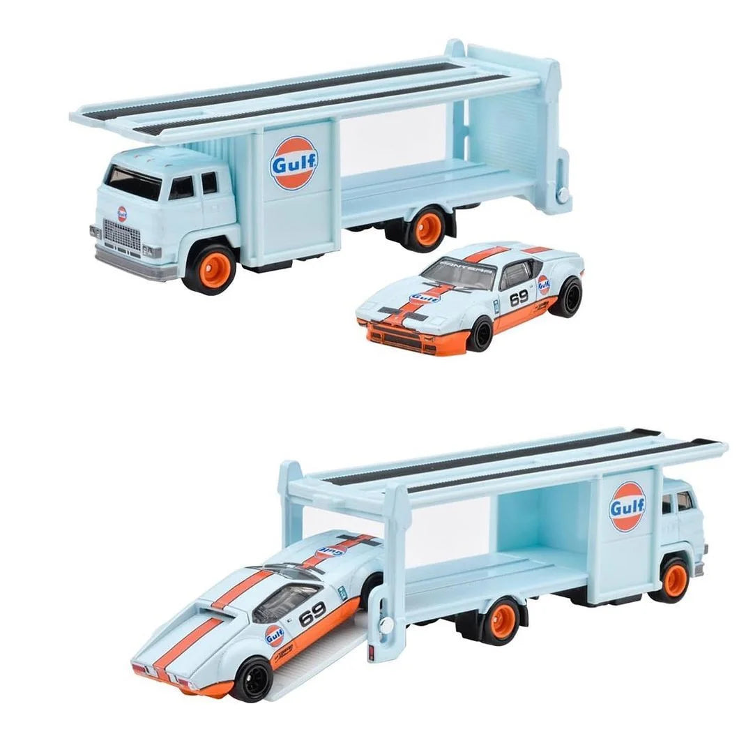 Hotwheels Gulf De Tomaso Pantera Gruppo 4 & Second Story Lorry imported team transport 1:64 Scale