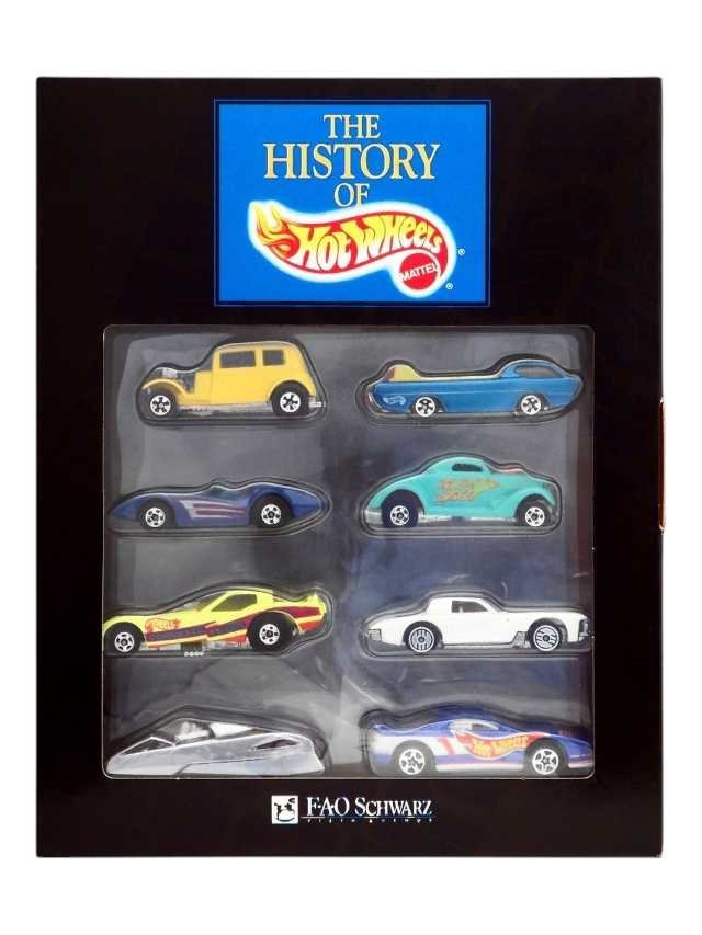 The history of hotwheels f.a.q schwarz 8 dynamic cars from 4 exciting decades 1960s,1970s,1980s,1990s ! classic Ford vicky.deors.second wind.neet streeter vetty funny.stutz blackhawk.shadow jet .93 Camaro