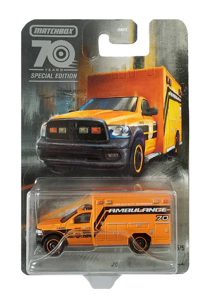 EXCLUSIVES Matchbox 70 Years Special Edition 2019 Ram Ambulance - Orange - 2022 Card