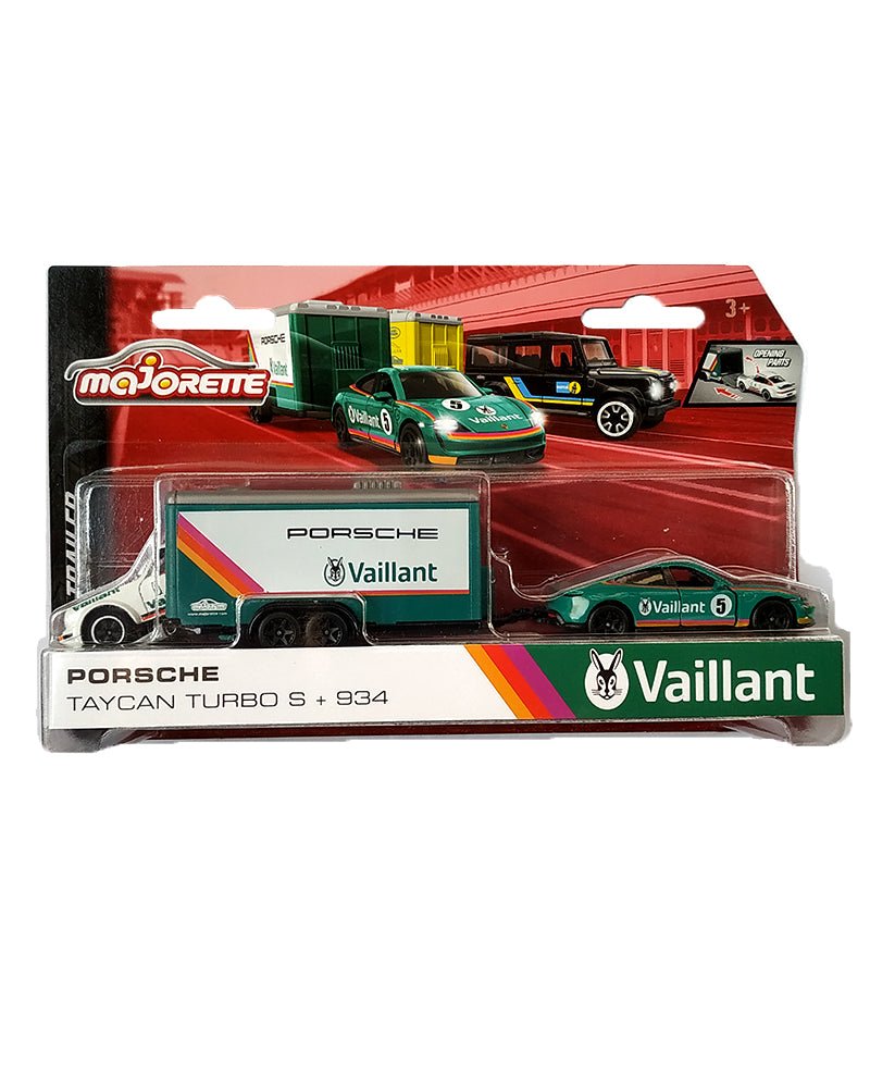 Majorette Race Trailer Vaillant Porsche Taycan Turbo S / Porsche 934 & Trailer - White/ Green