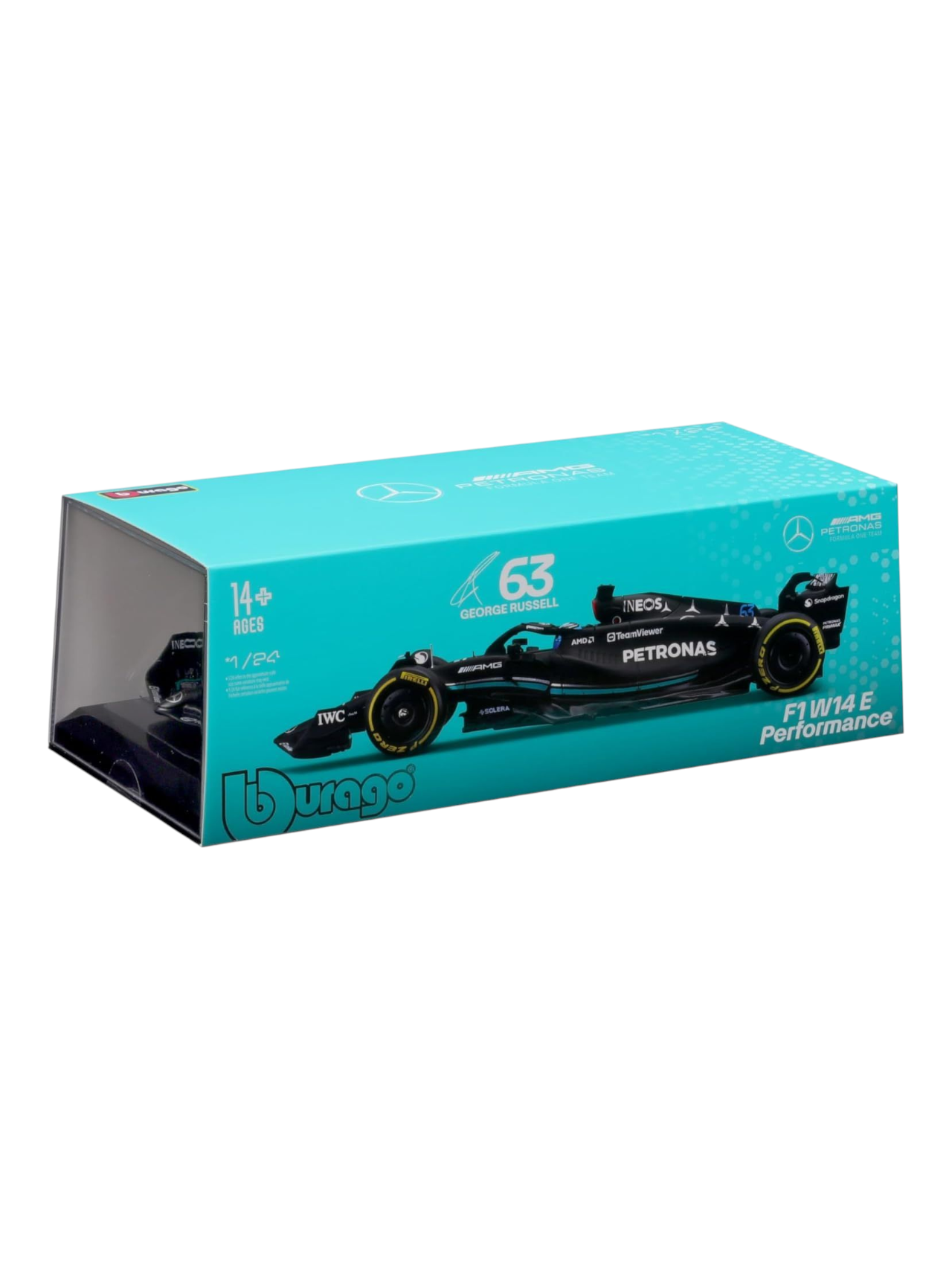 Bburago Formula 1 (F1) AMG Petronas F1 W14 E Performance #63 George Russell Diecast 1:24 Scale (With Acrylic Case)