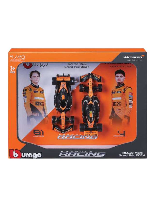 Bburago  Formula 1  Mclaren Mcl38 #4 Lando Norris + #81 Oscar Piastri 2024 – 2 Car Set twin pack frame 1:43