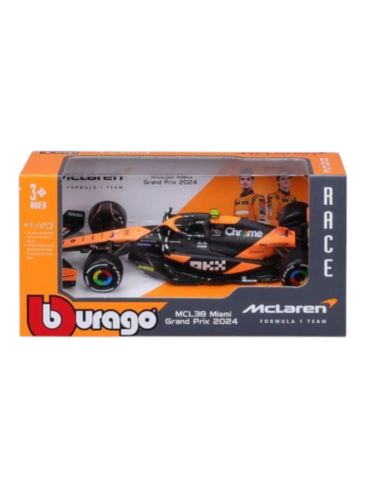 Bburago Formula 1 (F1) MCLAREN MCL38 2024 Lando Norris-MIAMI GP 1:43 Scale Model (with Acrylic Case)