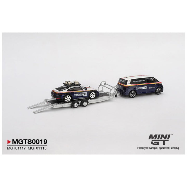 Mini GT #S0019: Porsche 911 Dakar #718 / Volkswagen ID. Buzz Porsche Centrum Gelderland Roughroads Set Imported 1:64 Scale