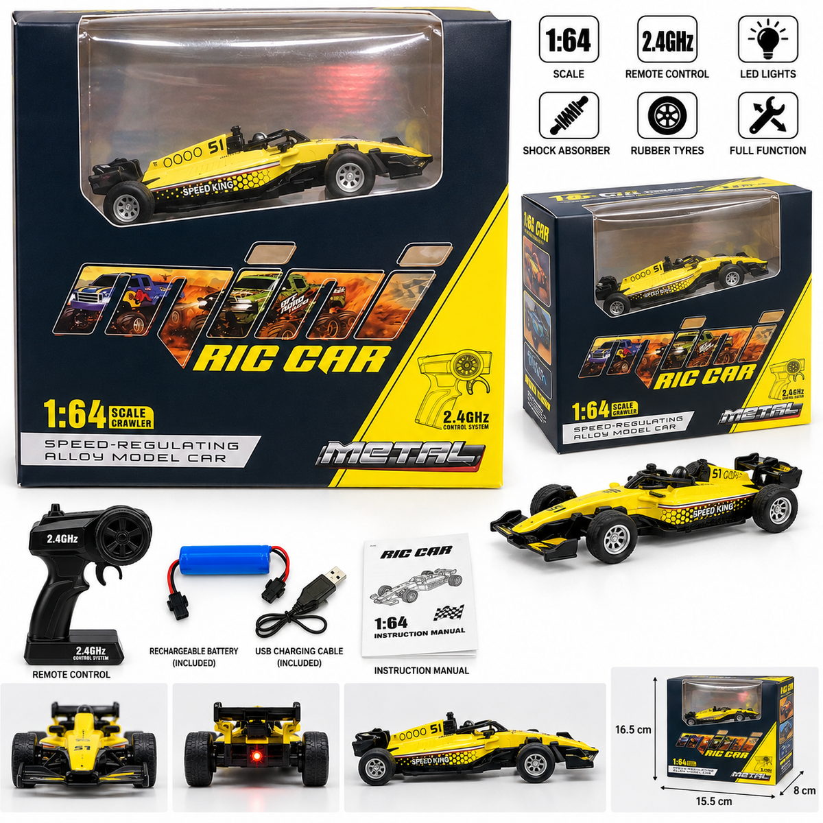 Metal 1:64 Scale RC Racing Car – Metal Alloy Body | 2.4GHz Remote Control | Speed-Regulating Model Car (Yellow/Blue/White)HG4-513