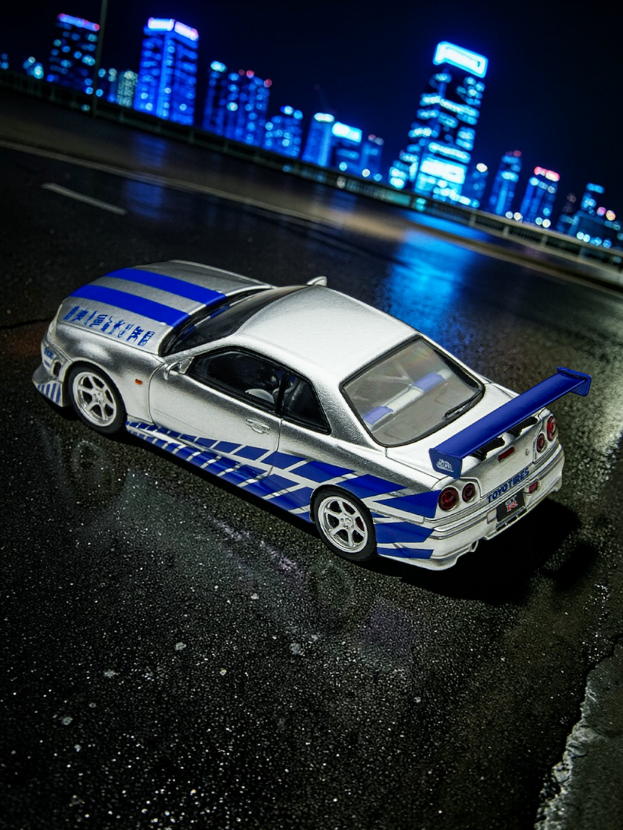 Timemicro Nissan Skyline GT-R R34 Premium Die-cast Collectible Car Model (Blue Stripe Edition) 1:64 Scale