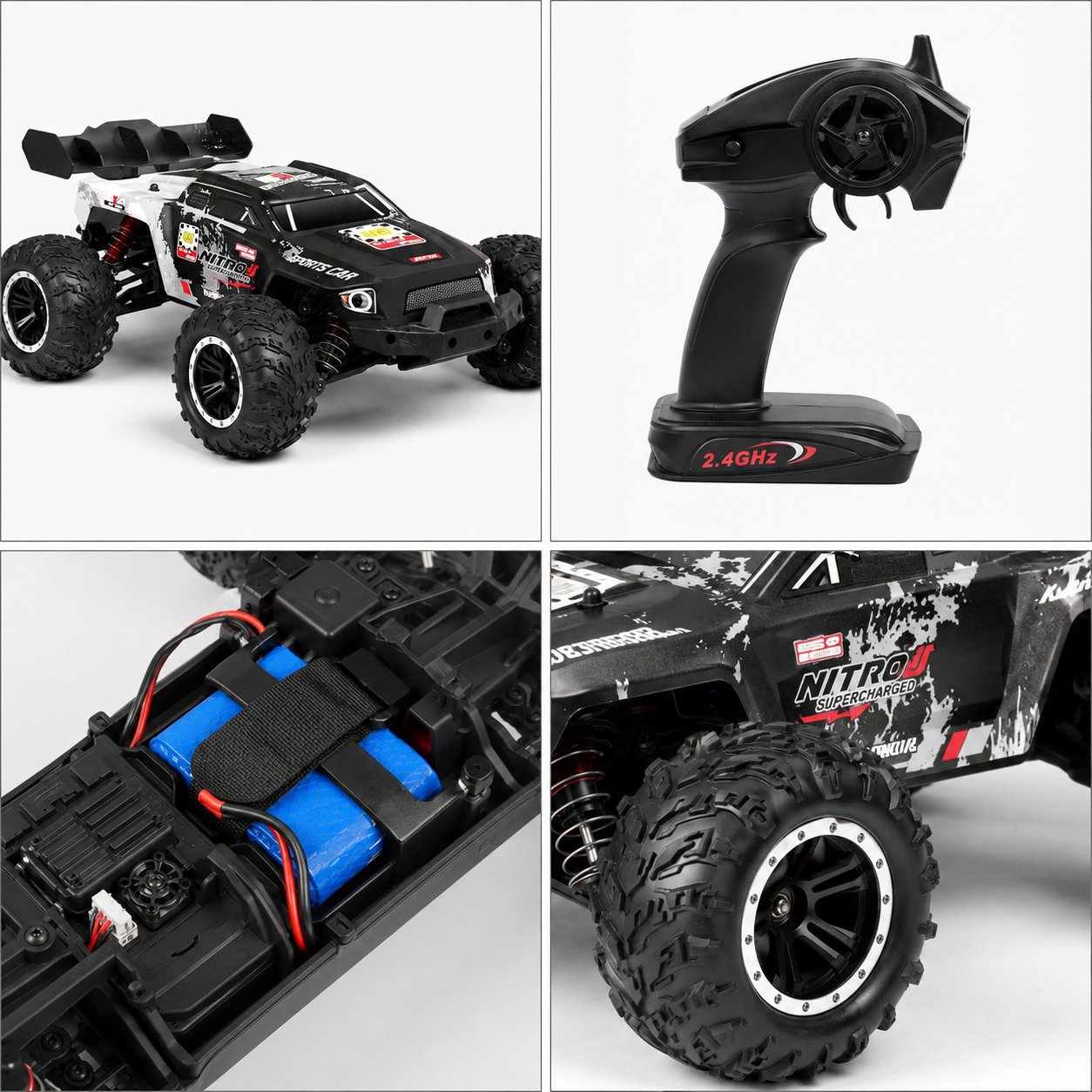 Wild Storm High-Speed RC Monster Truck 2.4GHz Wireless Remote Control Large Off-Road Tires Independent Suspension System Front LED Light Rechargeable battery 1:16 Scale 20 km/h Speed.
