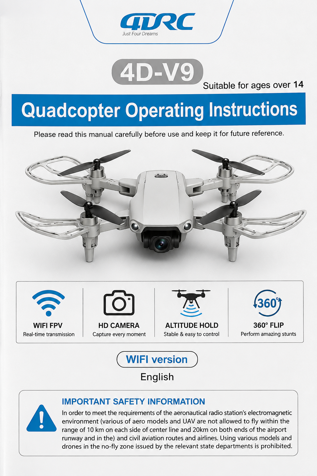 QDRC 4D-V9 Foldable WiFi Camera Drone with HD Camera, Remote Controller, Carry Case & USB Charging Cable
