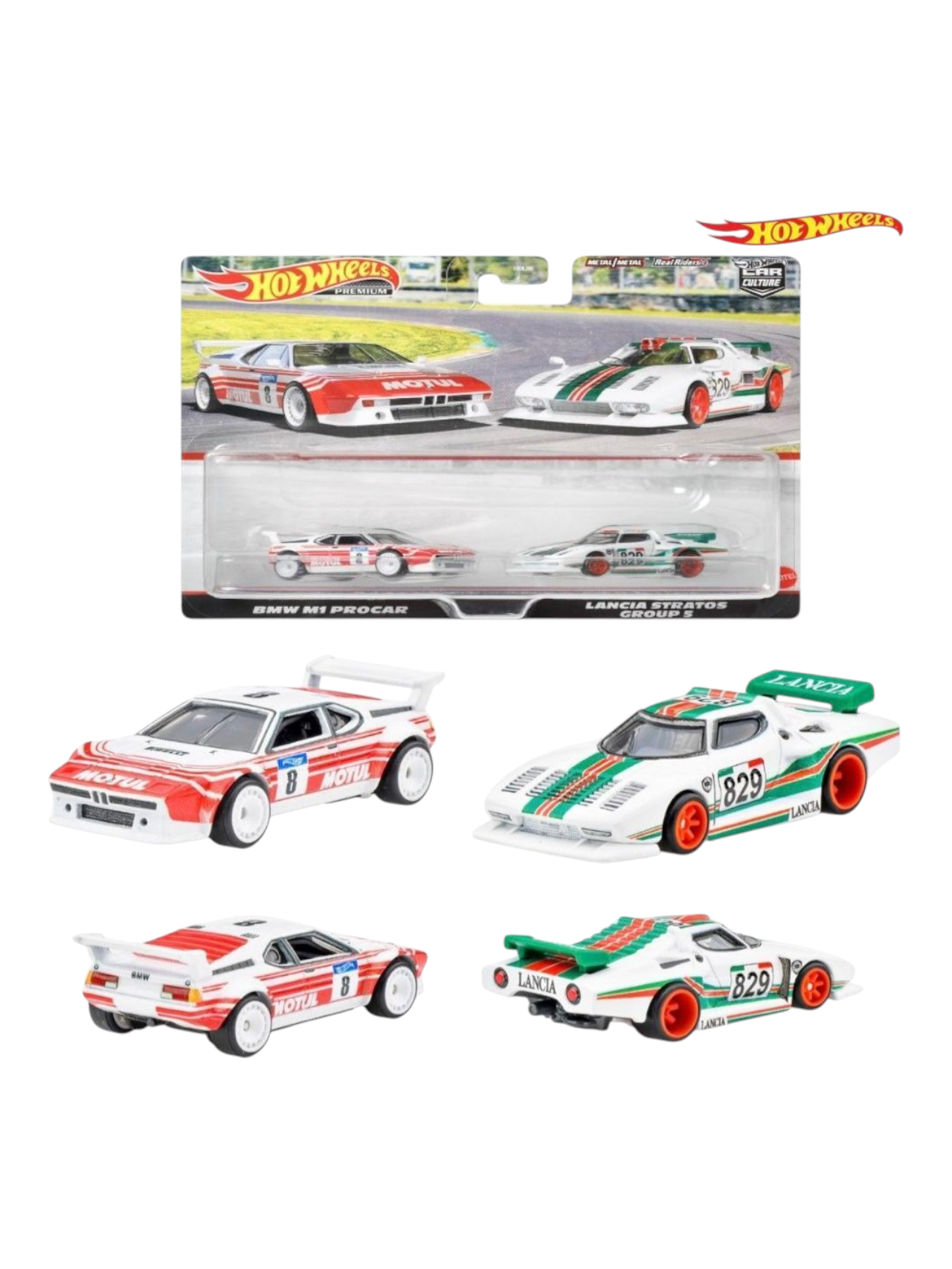 HotWheels Car Culture BMW M1 Procar and Lancia Stratos Group 5 Set of 2 Imported Premium team Transport 1:64 Scale (Blister Damaged)