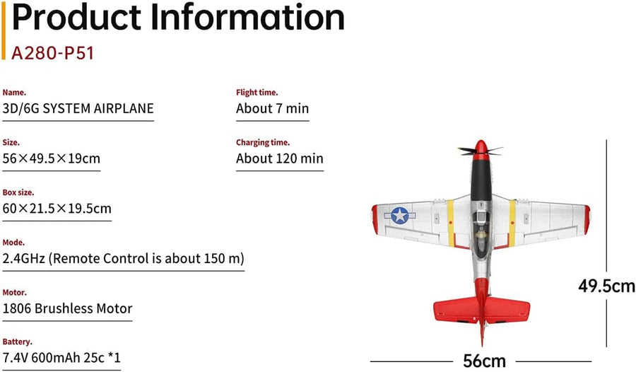 Aircraft A280 P-51 Mustang 2.4GHZ Radio Control Rudder Conversion, 3D / 6G Conversion, Light Switch 560 mm' Scale Rc Airplane ( Remote control)