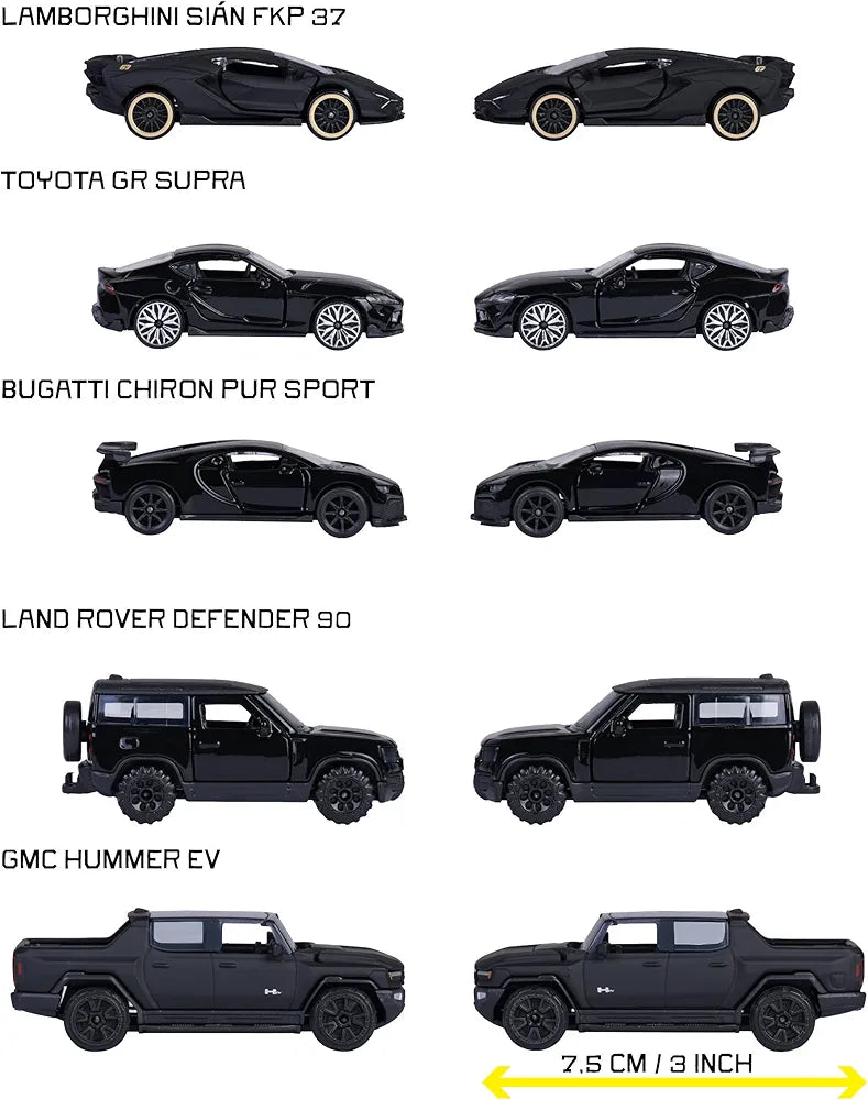 Majorette Car Set Black Edition (5 Cars) - 5 Black Model Cars Made of Metal with Freewheel, Suspension & Opening Part 1:64 Scale 8502005000
