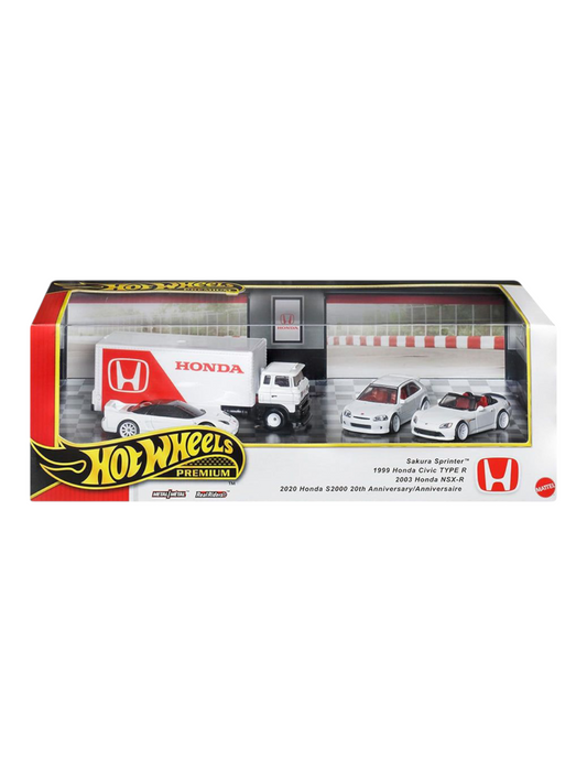 Hotwheels Premium Honda Set Sakura Sprinter , 1999 Honda Civic Type R , 2003 Honda NSX-R , 2020 Honda S2000 20th Anniversary