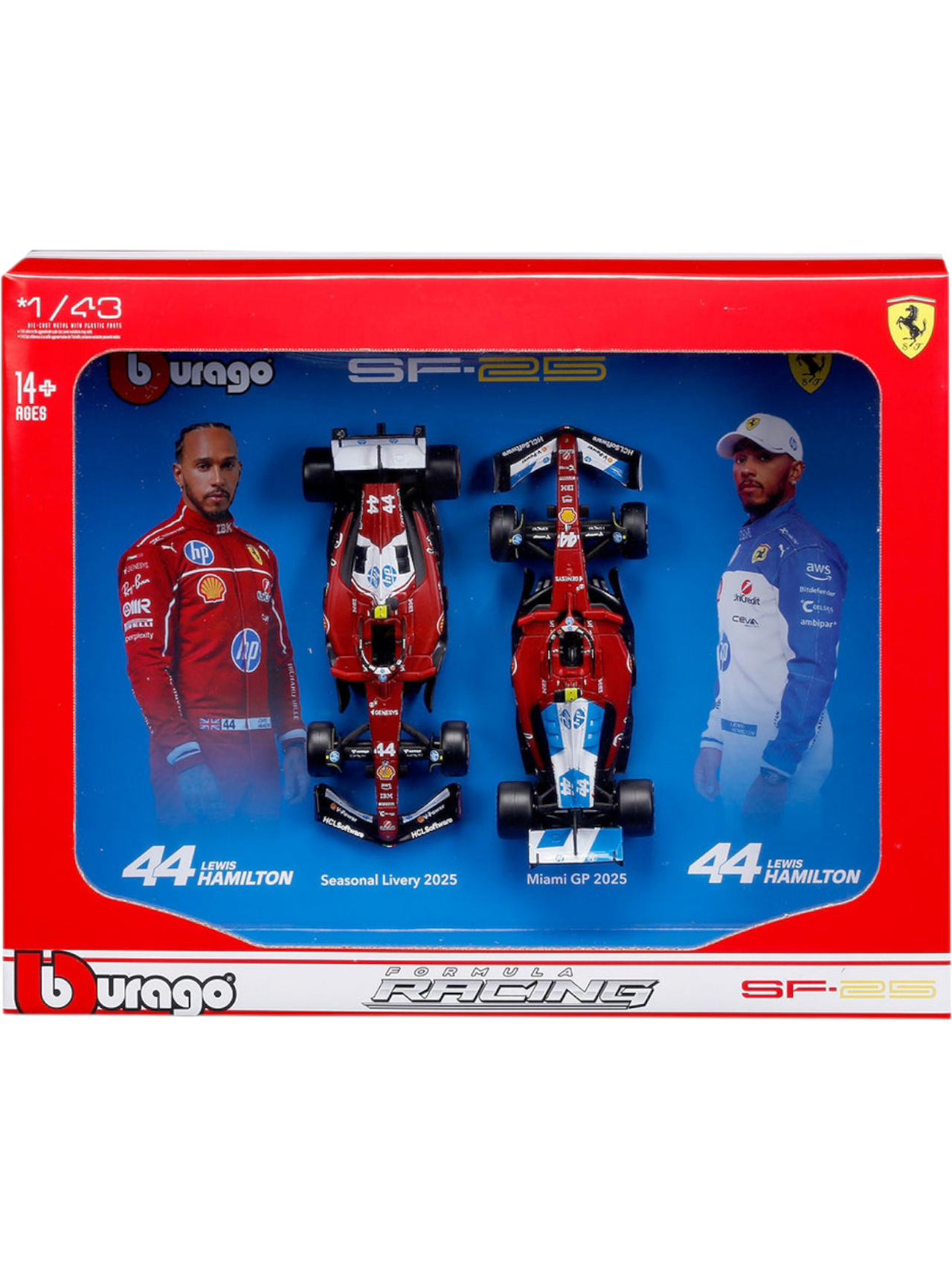 Bburago formula 1 f1 Ferrari SF-25 Racing 44 Lewis Hamilton (Seasonal Livery 2025 and Miami GP 2025)