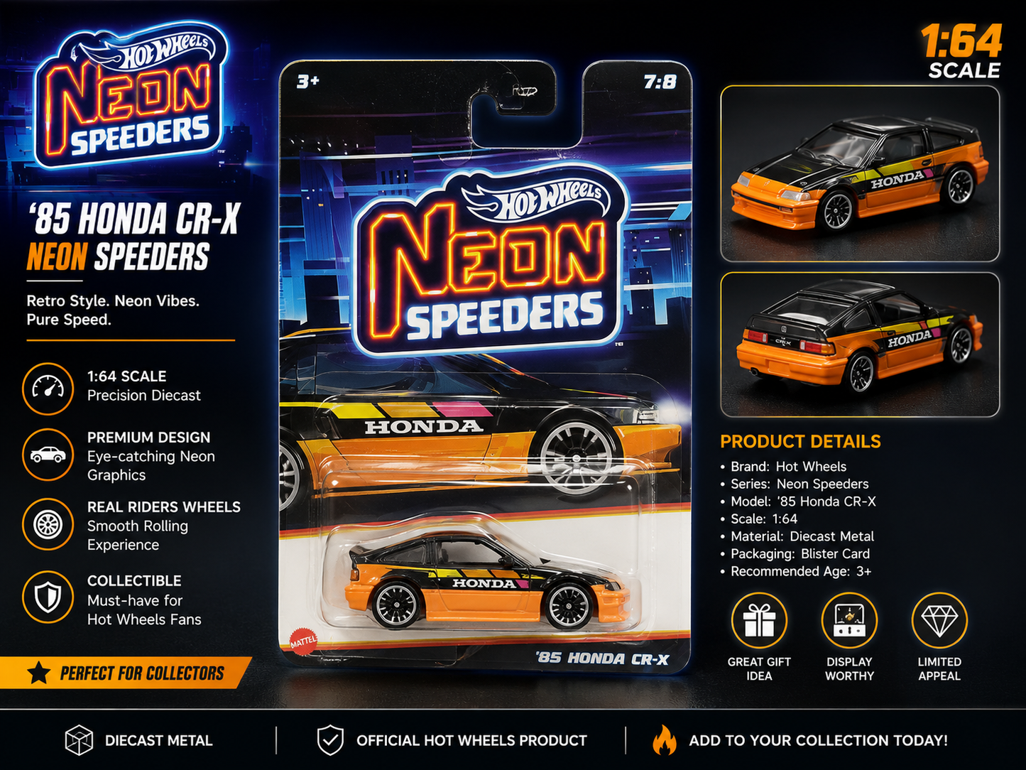 Hotwheels Mainline'85 Honda CR-X – Neon Speeders |CardArt 1:64 Scale Diecast Model Car