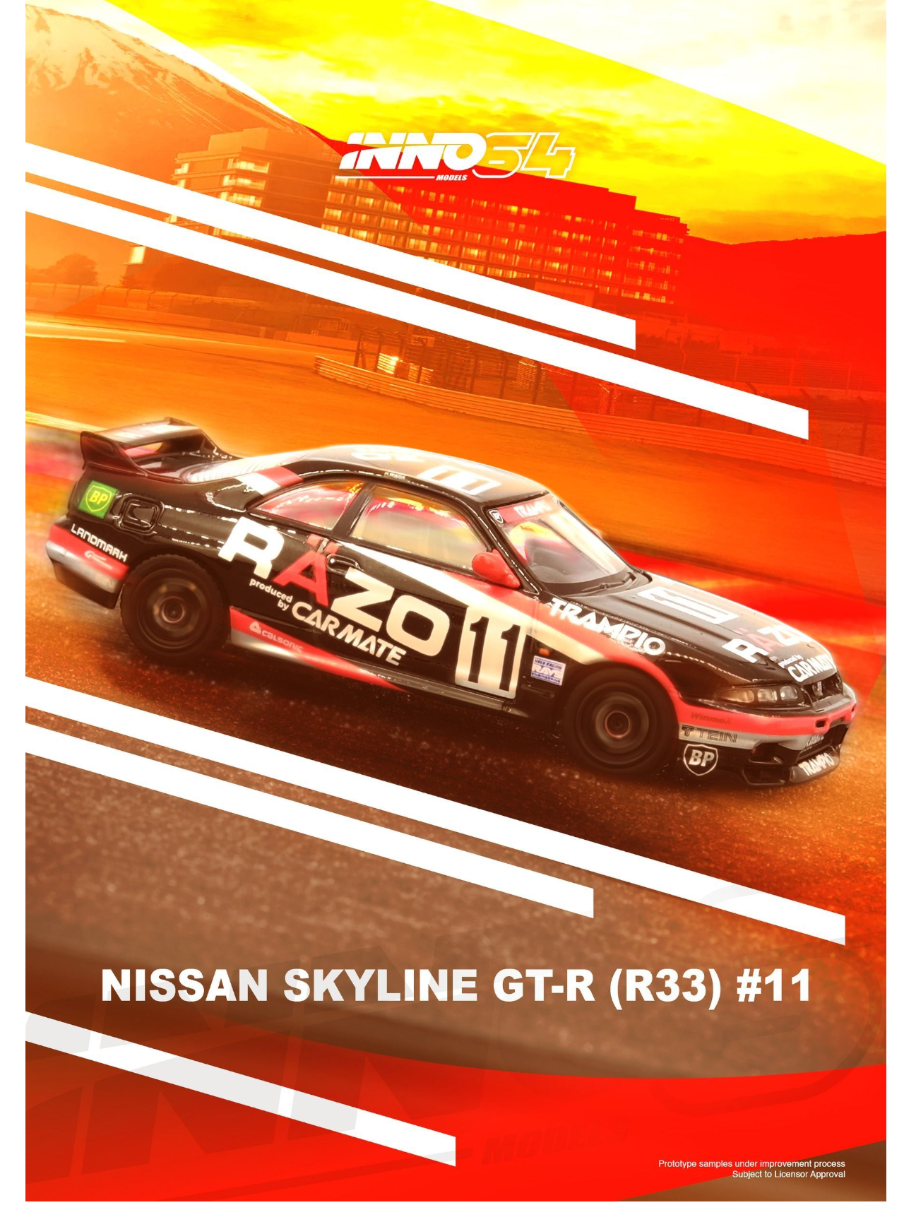 Inno64 Nissan Skyline GT-R (R33) #11 "Razo Trampio" Sendan Highland 1995 Winner Diecast 1:64 Scale (With Acrylic Case)