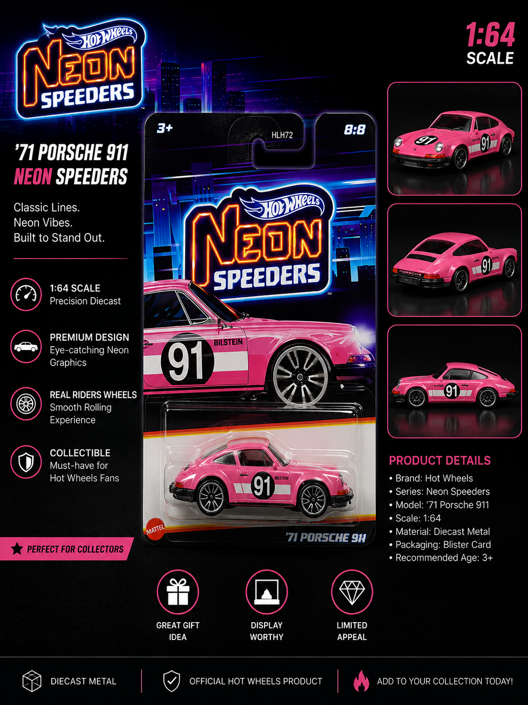Hotwheels '71 Porsche 911 – Neon Speeders | 1:64 Scale Diecast Model Car