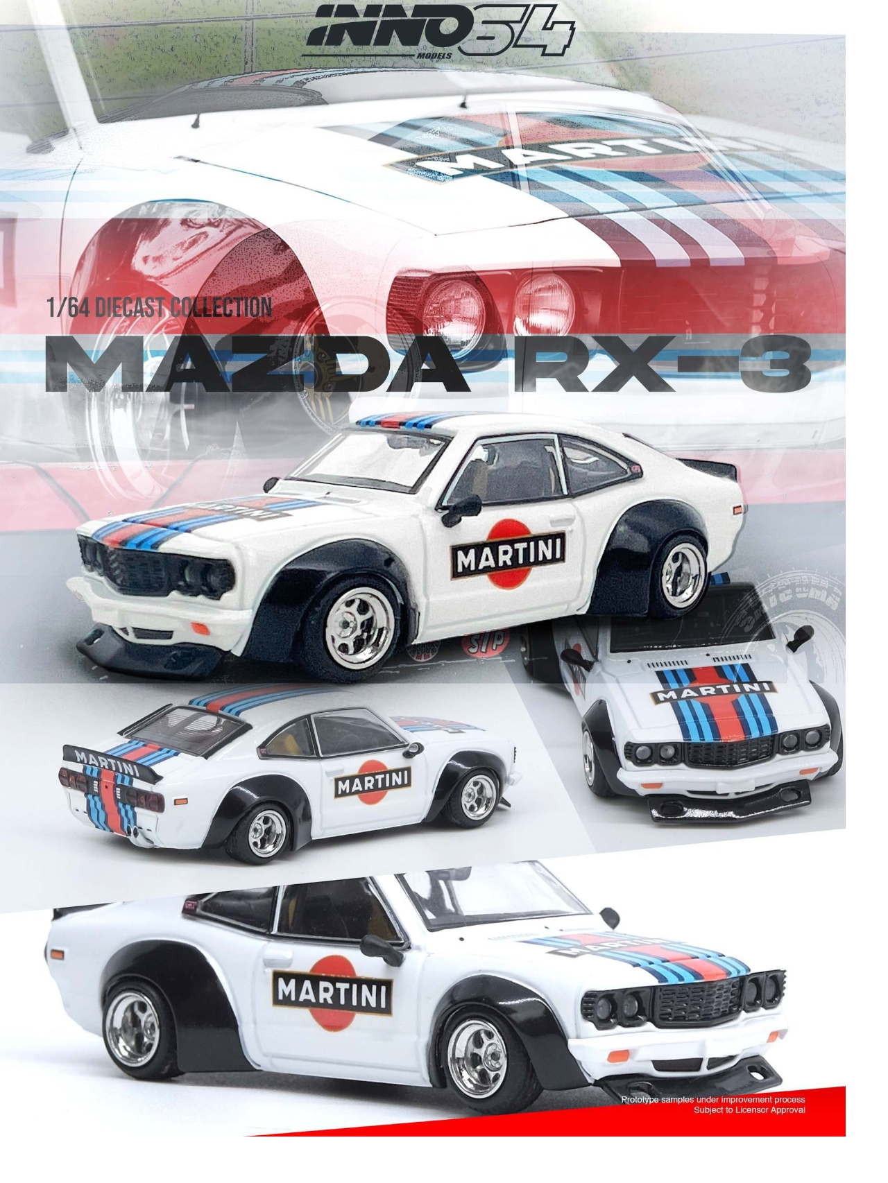 Inno64 Mazda Savanna RX-3 'Martini Racing's Livery Diecast 1:64 Scale (With Acrylic Case)