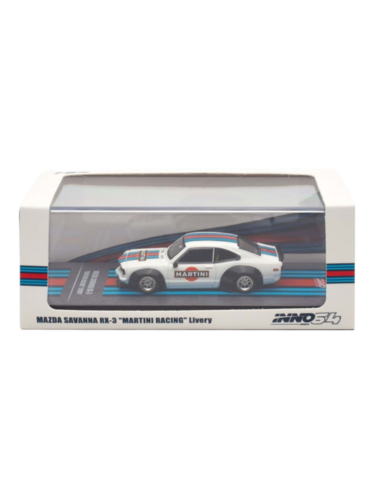 Inno64 Mazda Savanna RX-3 'Martini Racing's Livery Diecast 1:64 Scale (With Acrylic Case)