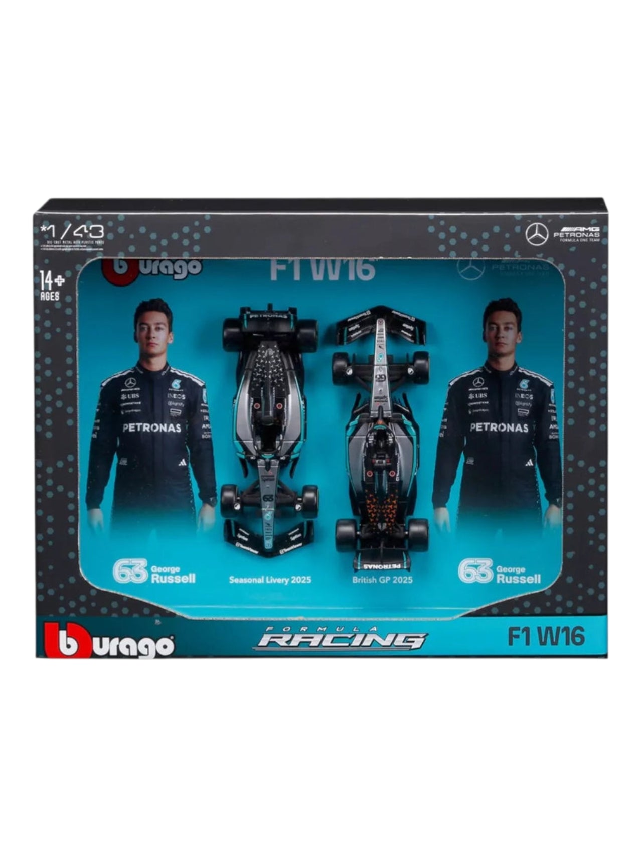 Bburago Formula Racing F1 W16 Seasonal Livery 2025 British Gp 2025 No 63 Russell Imported 1:43 Scale die-cast Model