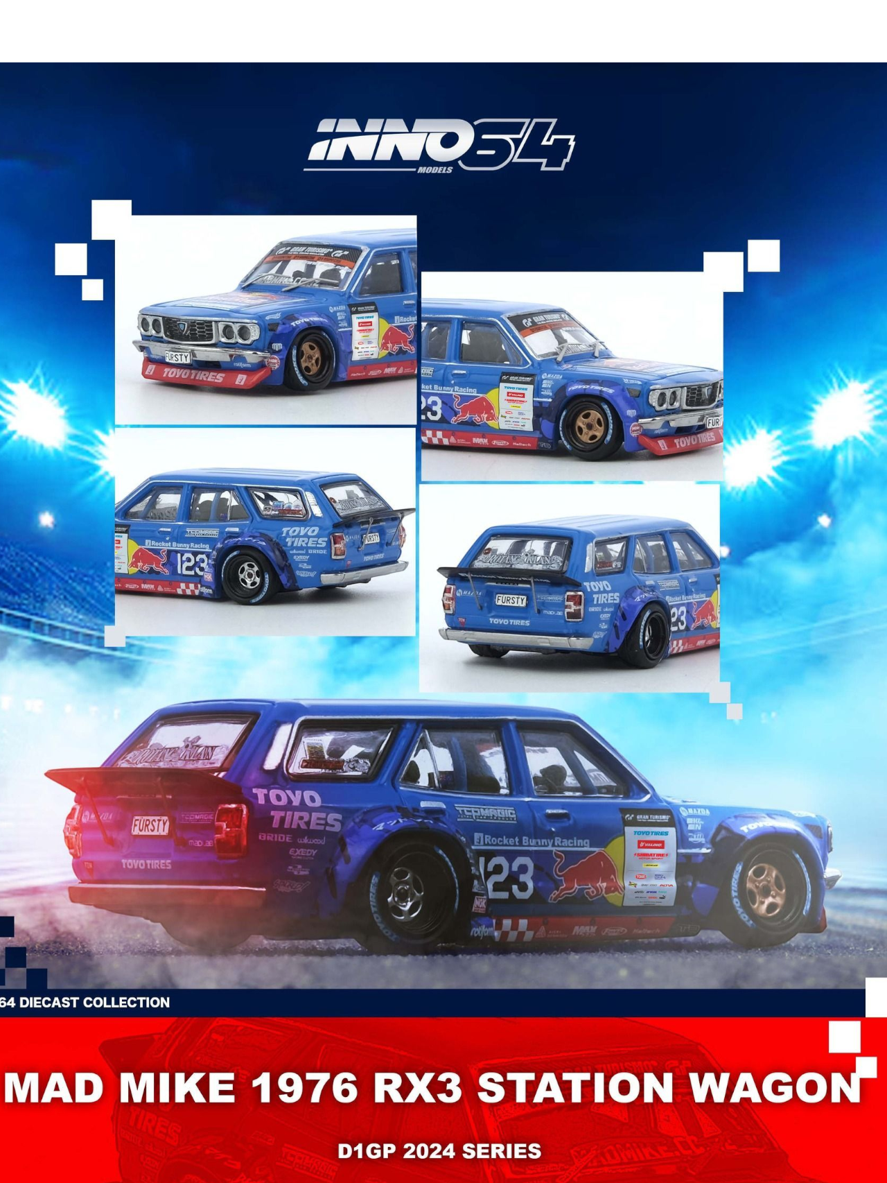 Inno64 Mazda RX3 Station Wagon "Mad Mike 1976" D1GP 2024 Series Diecast 1:64 Scale
