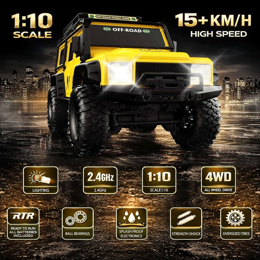 RC Cars Racing Rally RTR Remote Control Car 4WD 2.4GHz Brushed Offroad Racing Hobby Grade Model Vehicle with LED Lights 2Pcs Battery Climbing Beast 1:10 Scale