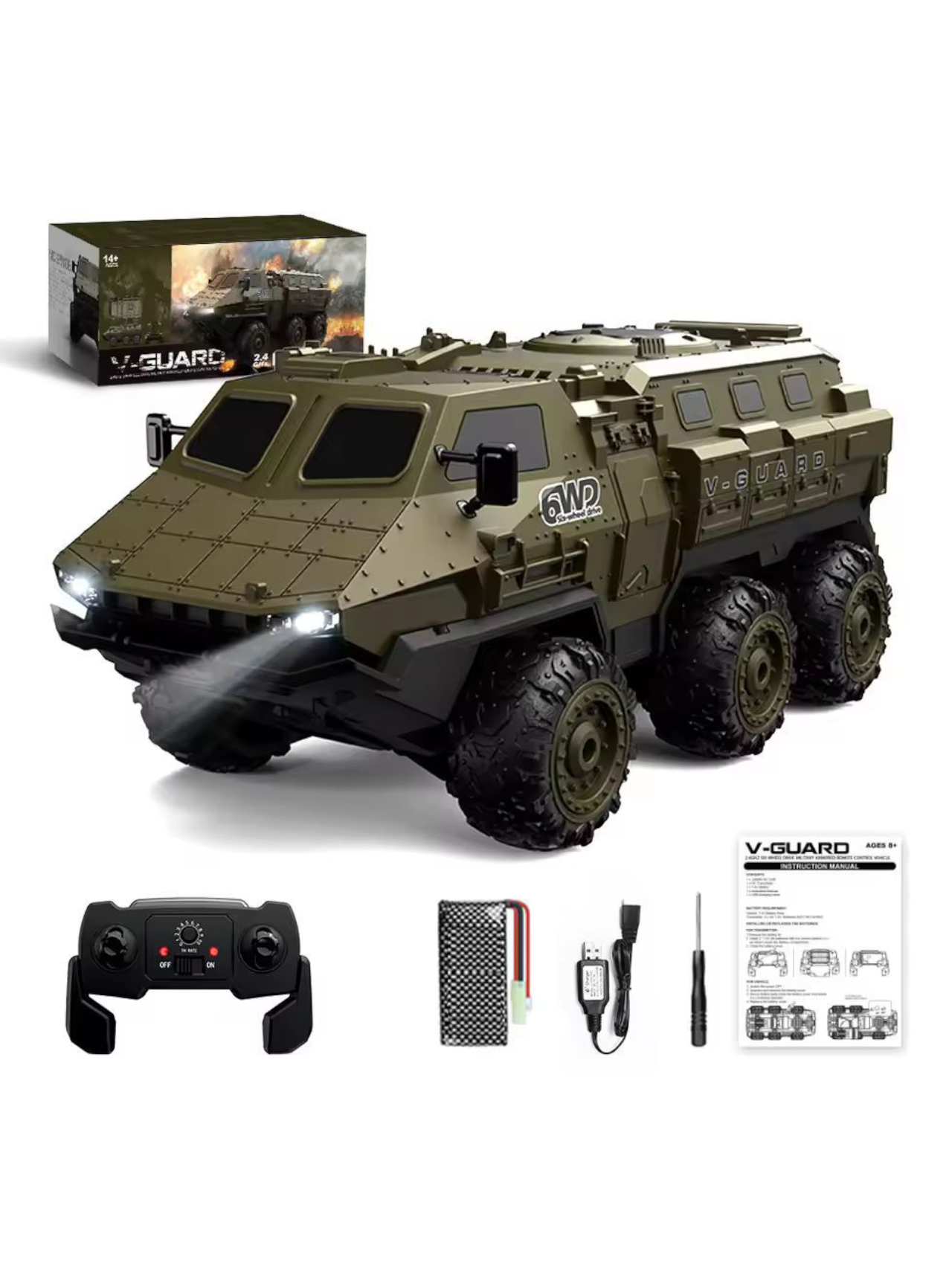 V-Guard Six-Wheel Drive Military Armored Remote Control (RC) Vehicle 1:16 Scale