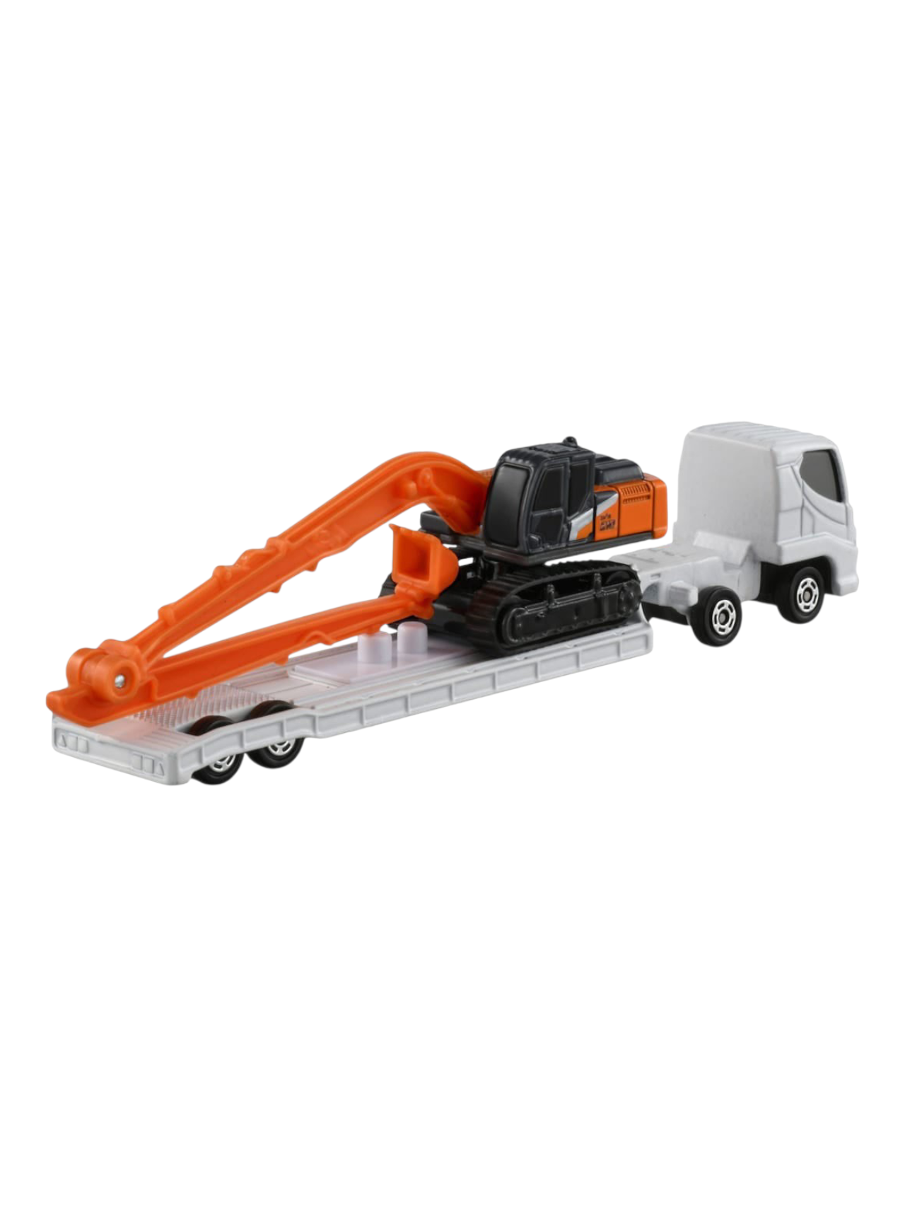 Takara Tomy Tomica Hitachi Construction Machinery Super Long Front Excavator ZX210-7 SLF and Transporter No 143