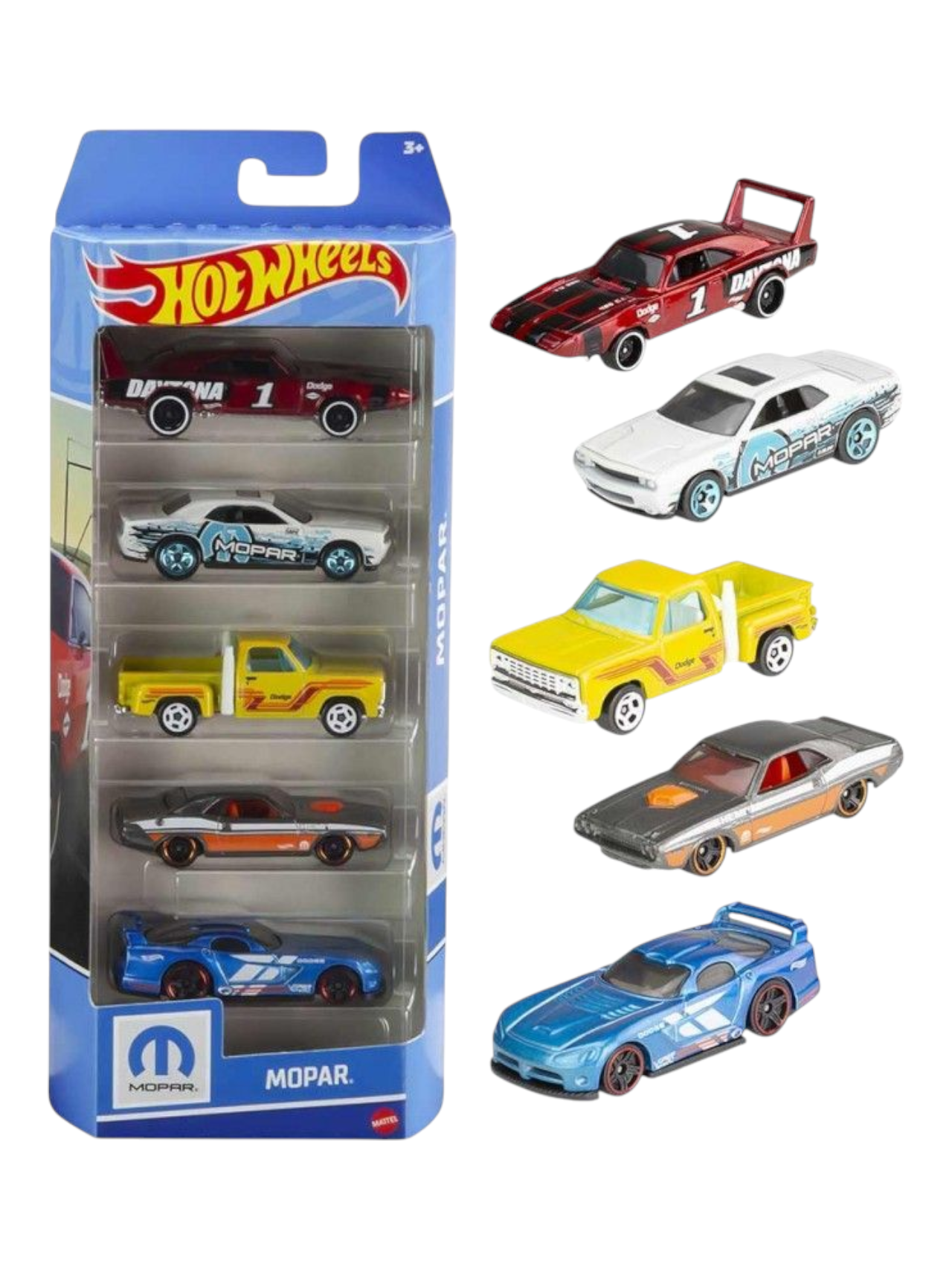 HotWheels Mopar Pack of 5 (Includes 2008 Dodge Challenger SRT 8,1970 Dodge Hemi Challenger, Dodge Viper GTS-R,1978 Dodge LI'L Red Express Truck,1969 Dodge Charger Daytona)
