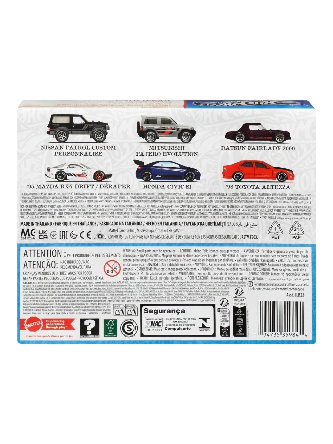 HotWheels Silver Series Set Of 6 Diecast Model Car Imported 1:64 Scale Nissan Patrol Custom, Mitsubishi pajero evolution, Datsun Fairlady 2000 , 95 Mazda RX-7 Drift , Honda civic Si, 98 Toyota Altezza