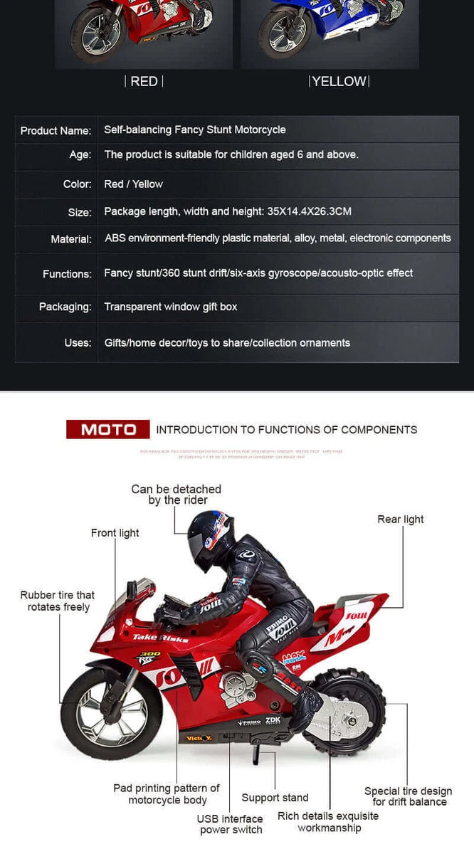 Remote Control (RC) Six-Axis Gyroscope Stunt Drift Motorcycle 1:6 Scale