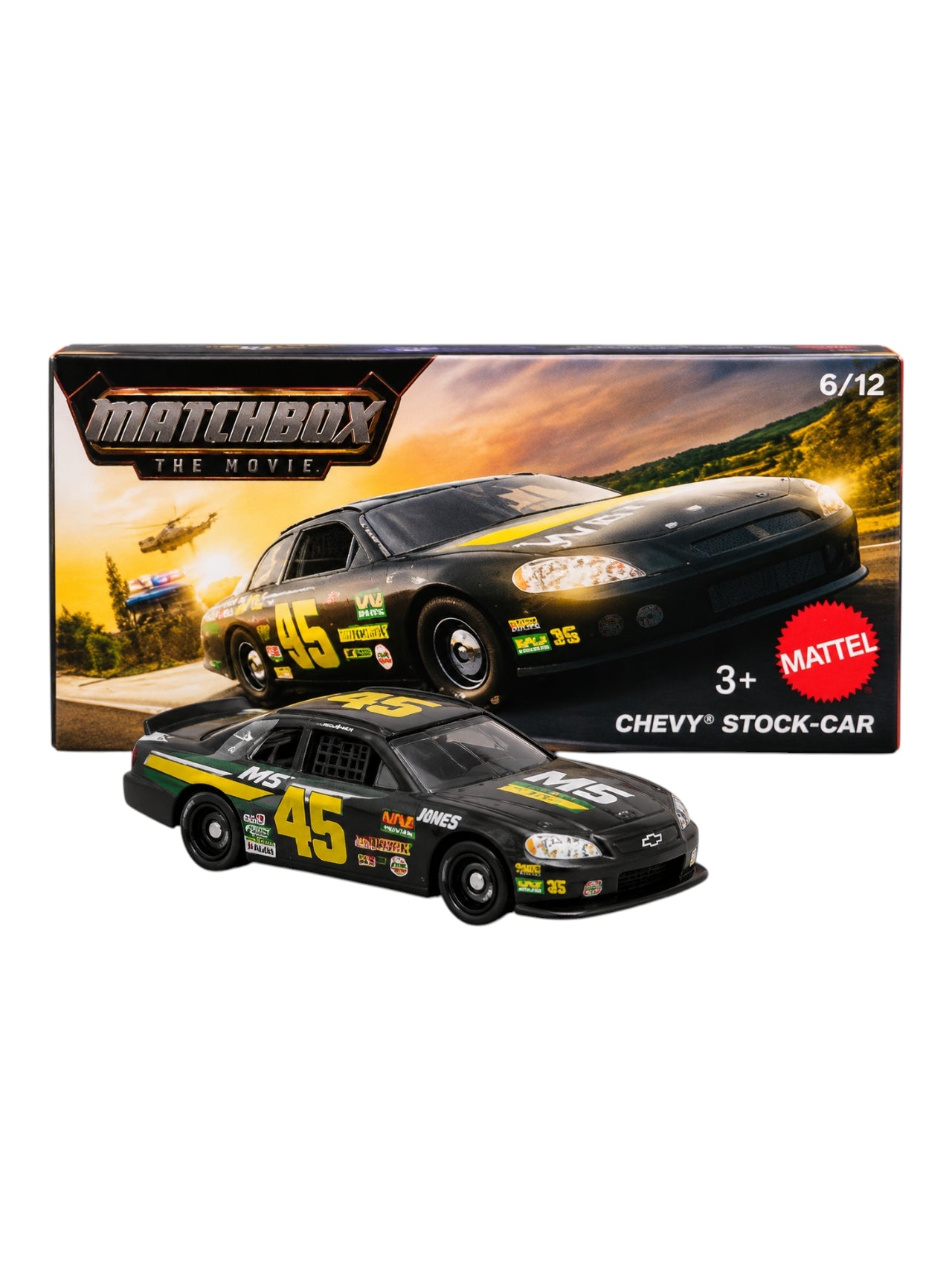 Matchbox Mainline Chevy Stock Car No. 45 Diecast Model Car 1:64 Scale – Black Metal Body Collectible Toy Car