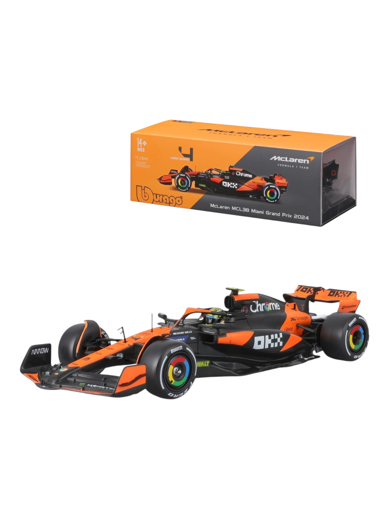 Bburago Formula 1 (F1) Mclaren MCL38-Miami Grand Prix 2024 #4 Lando Norris Diecast 1:24 Scale (Without Acrylic Case)