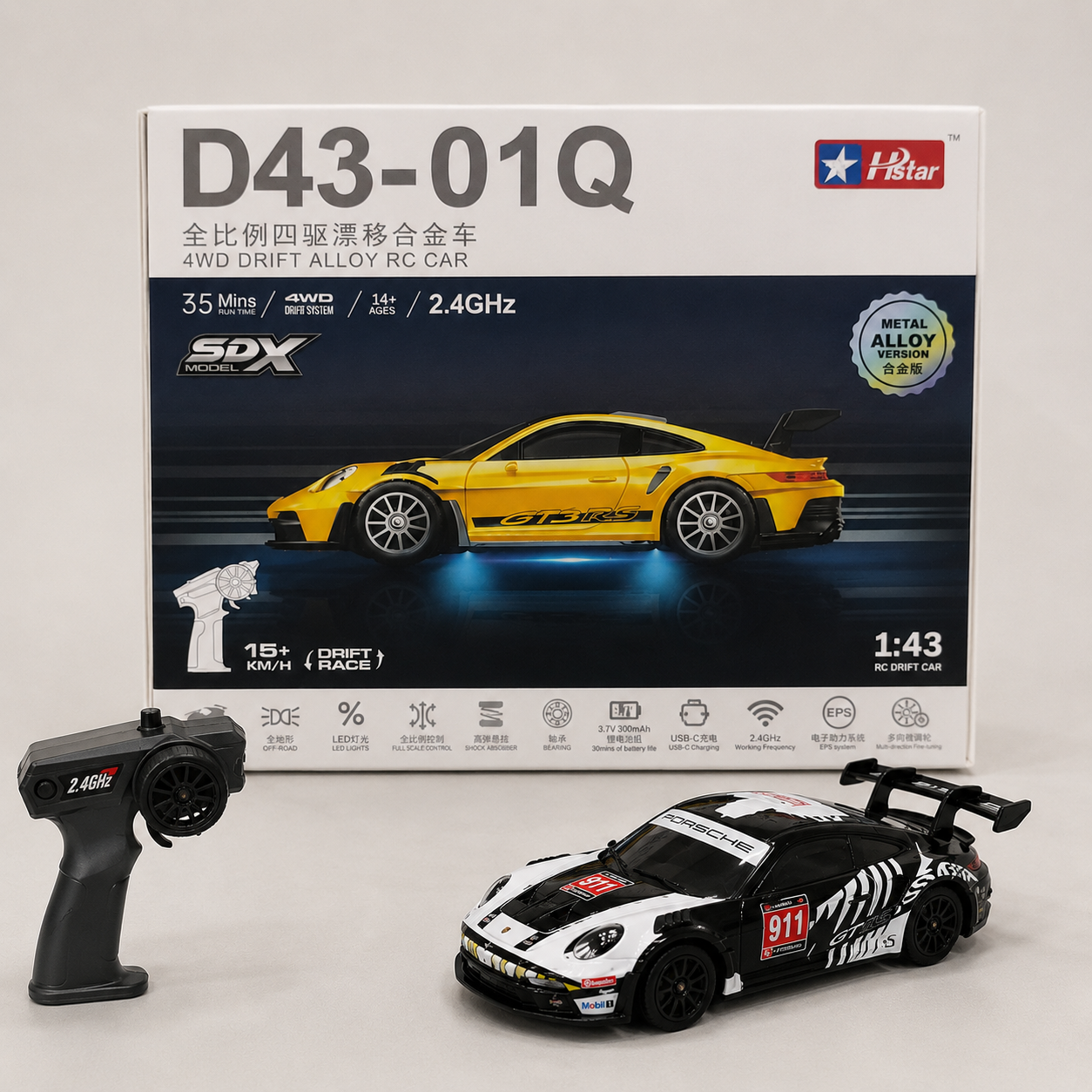 Hstar D43-01Q 4WD Alloy Drift RC Car – 911 Style, Full Proportional Control, Gyro, Dual-Speed, LED Lights & Type-C Charging 1:43 Scale (RC) Remote Control