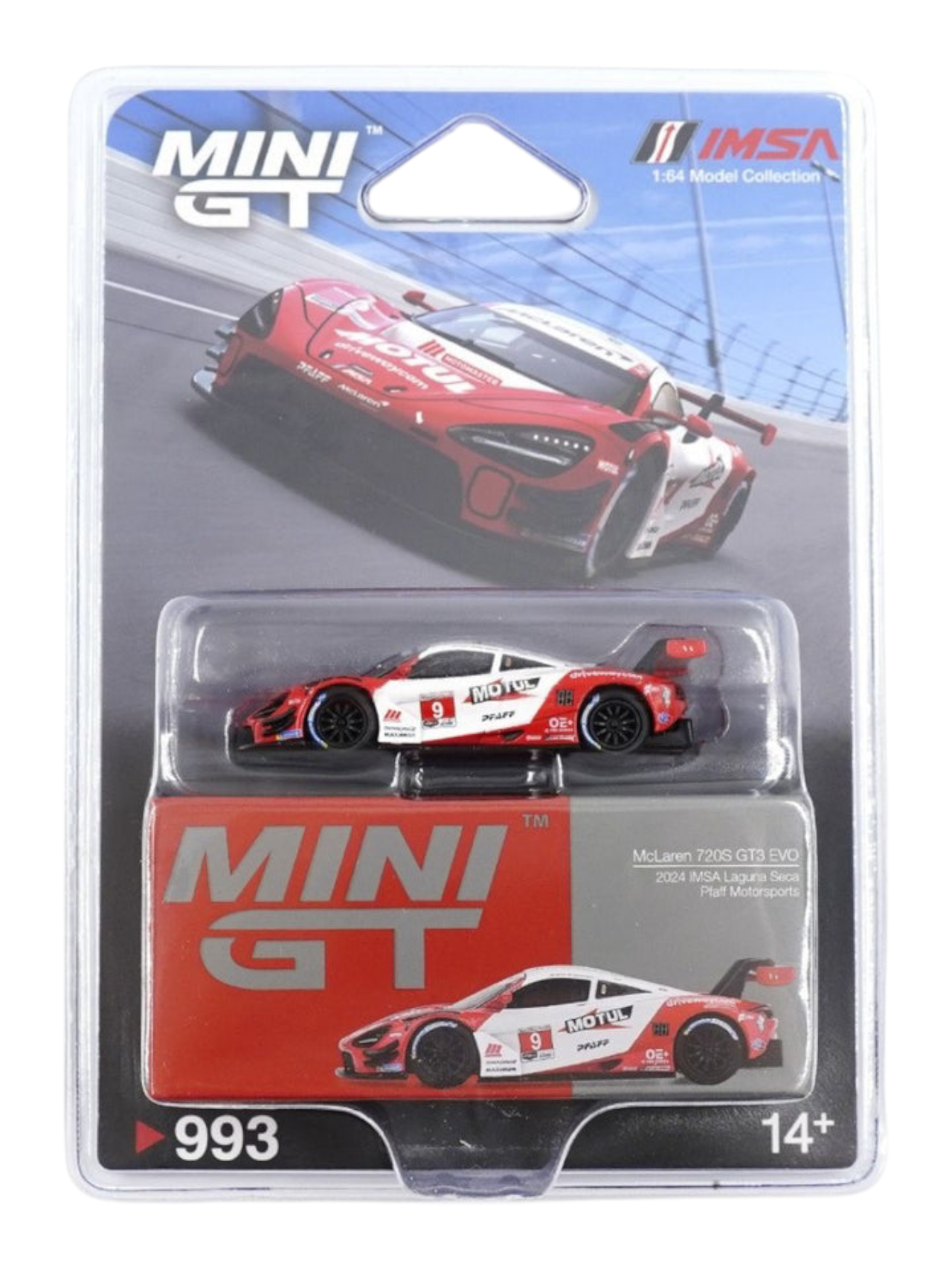 Mini GT 993: McLaren 720S GT3 Evo Pfaff Motorsports 2024 IMSA Laguna Seca 1:64 Scale