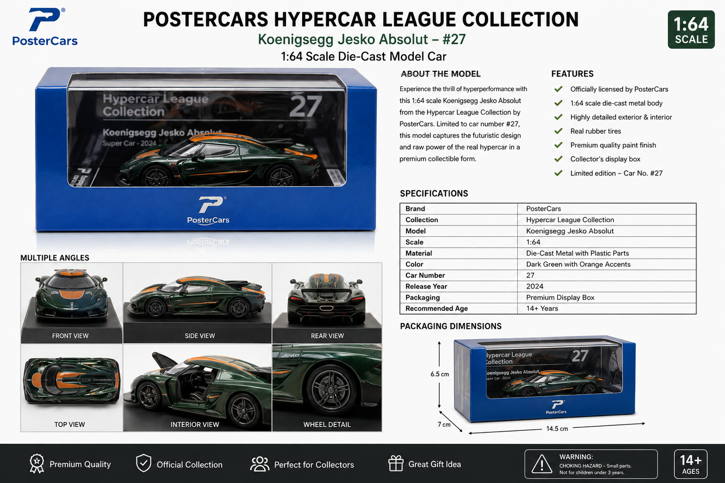Postercars 'Koenigsegg Jesko Absolute 1:64 Scale (No.23) Hypercar Jakt Gron Diecast modal
