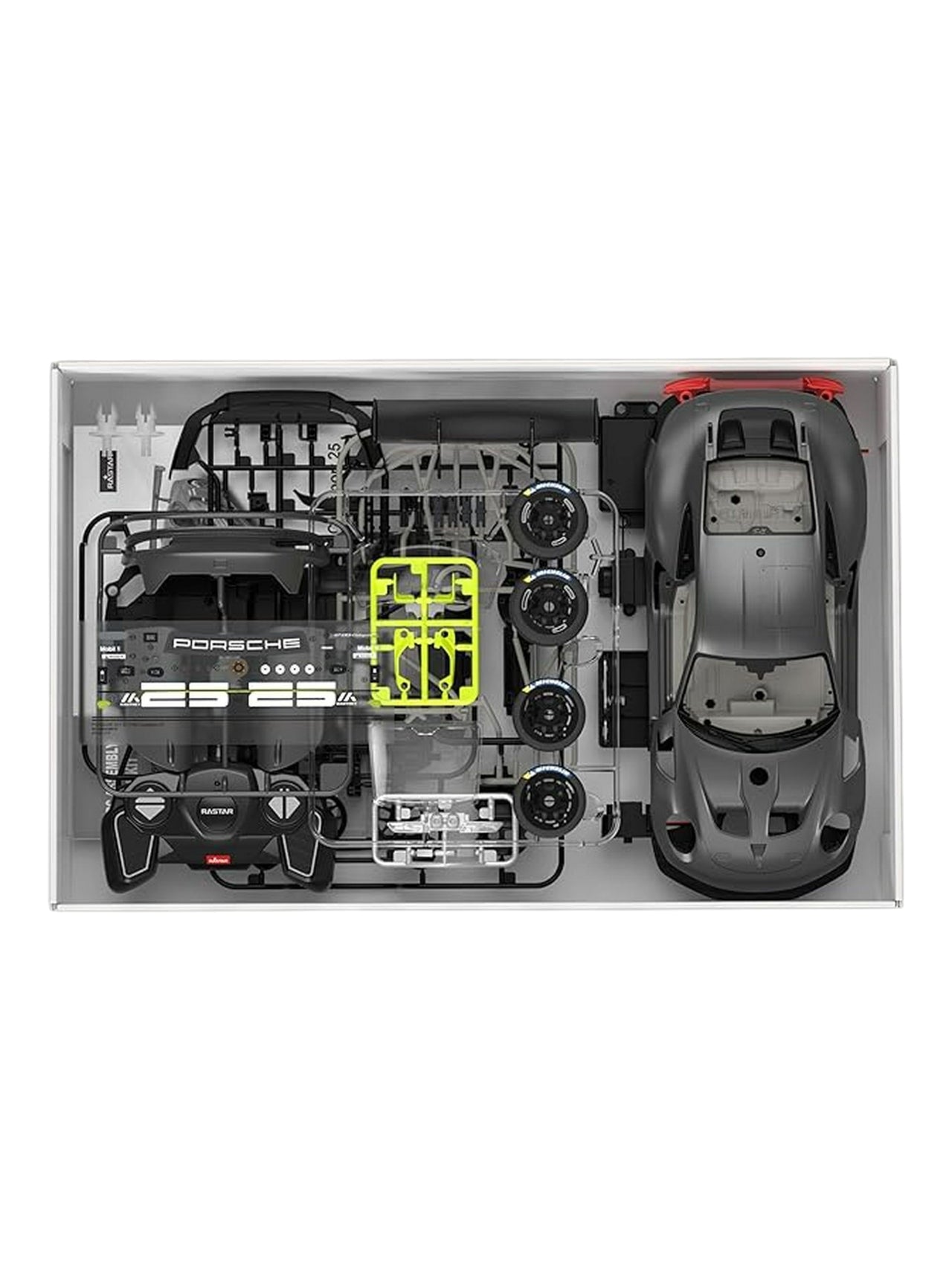 Rastar Rc assembly model kit porsche 911 gt2 rs clubsport 25 remote control assembly plastic model kit (68 pcs& 8 pts radio control 1 pc 3" AA batteries for car & 2" AA batteries for controlar)1:18 scale