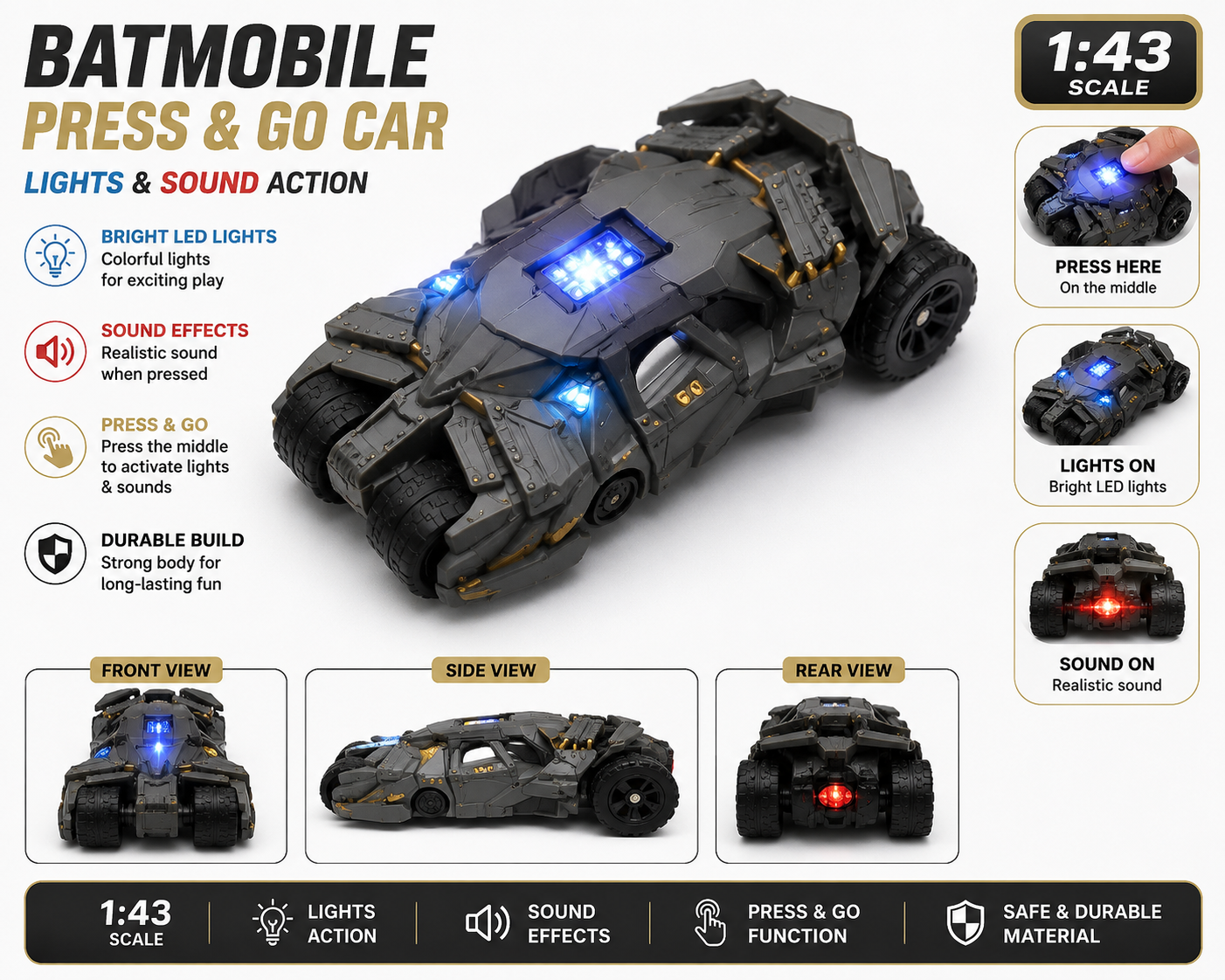 Tumbler 1:43 Scale Diecast Model Car with Light & Sound – Press Activation