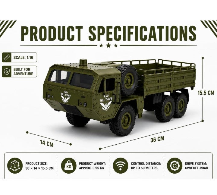 Transporter 2.4G 6WD RC Off-Road Military Truck – 500G Loading Capacity, 6-Wheel Drive, Shock Absorbers & Speed Conversion, Heavy-Duty Remote Control Cargo Truck 1:16 Scale