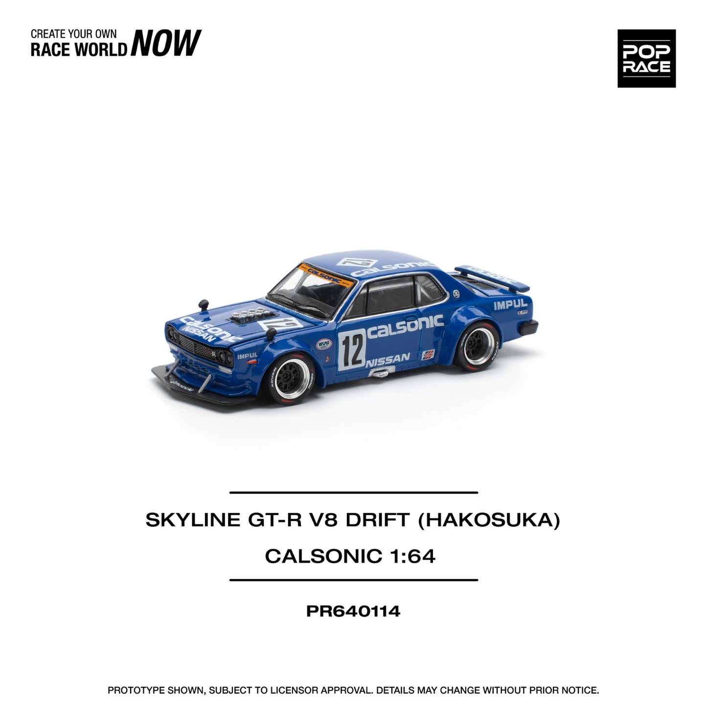 ( PR640114 ) POP RACE SKYLINE GT-R V8 DRIFT HAKOSUKA CALSONIC Diecast Model 1:64 Scale