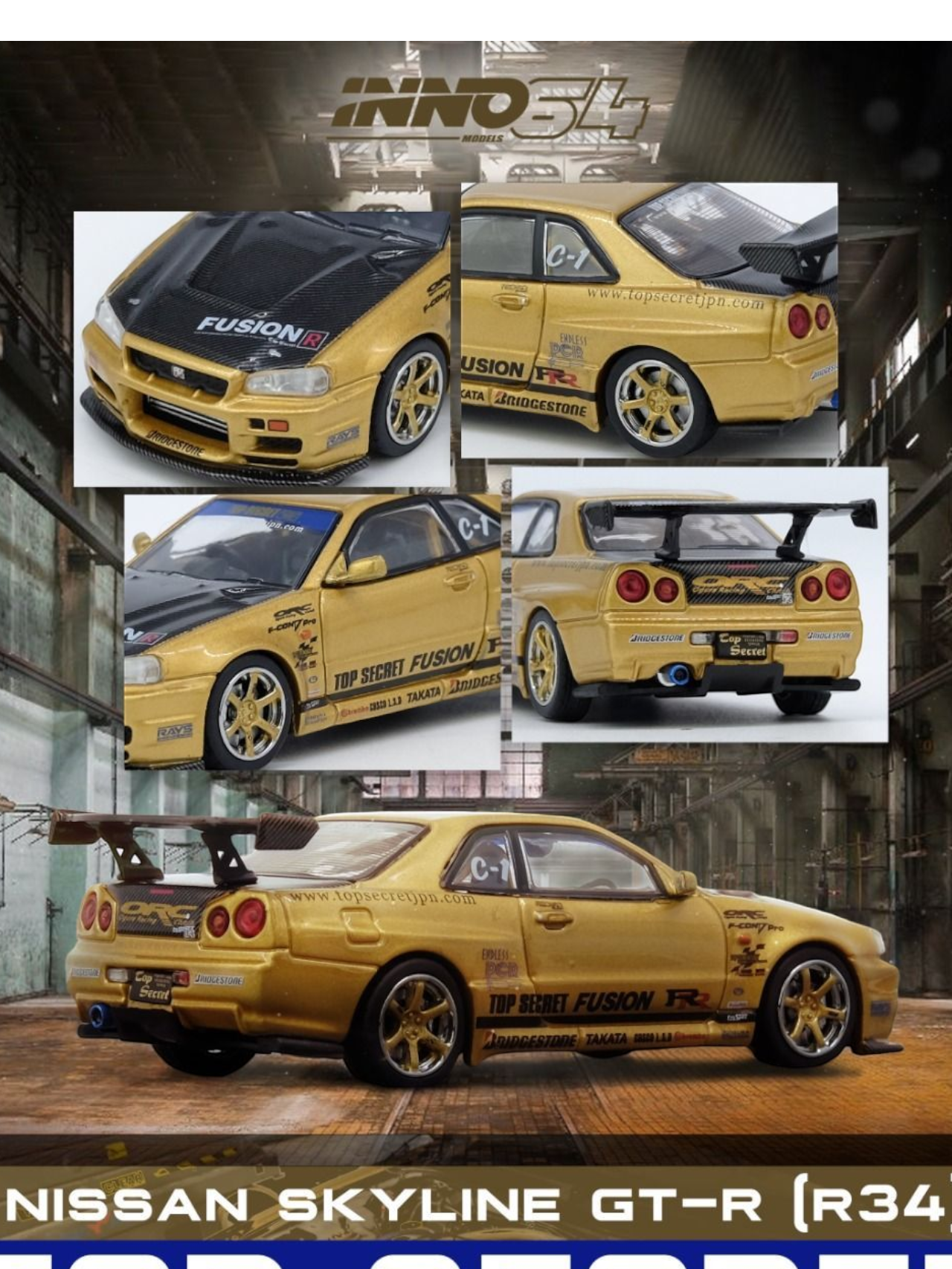 Inno64 Top Secret (R34) GT-R Gold Diecast 1:64 Scale (With Acrylic Case)