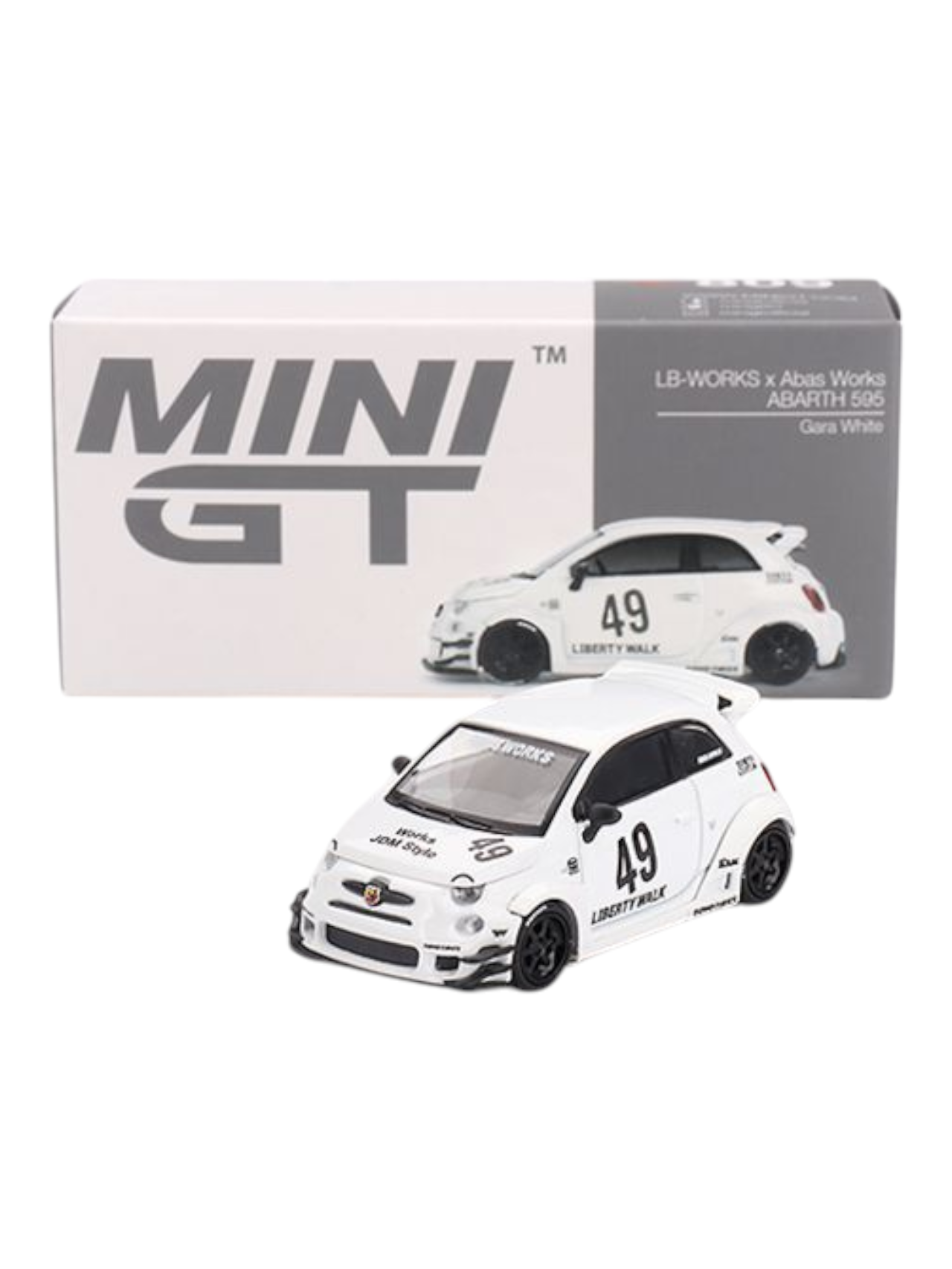 Mini GT LB-Works x Abas Works Abarth 595 Gara White 1:64 Scale