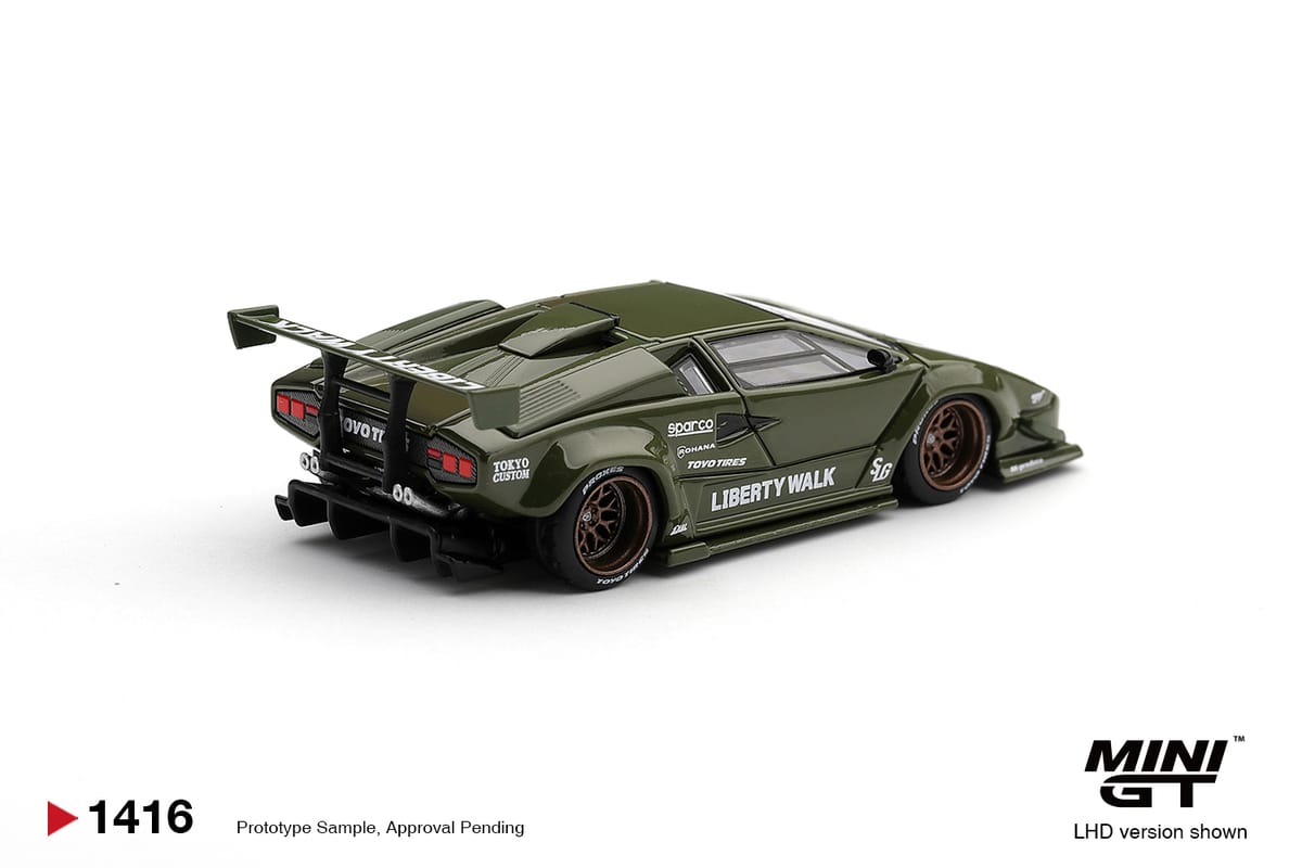 PRE-ORDER Mini GT. 1416 LAMBORGHINI COUNTACH LB-WORKS ARMY GREEN 1:64 Scale Diecast Box / Blister (ETA-Apr 2027)
