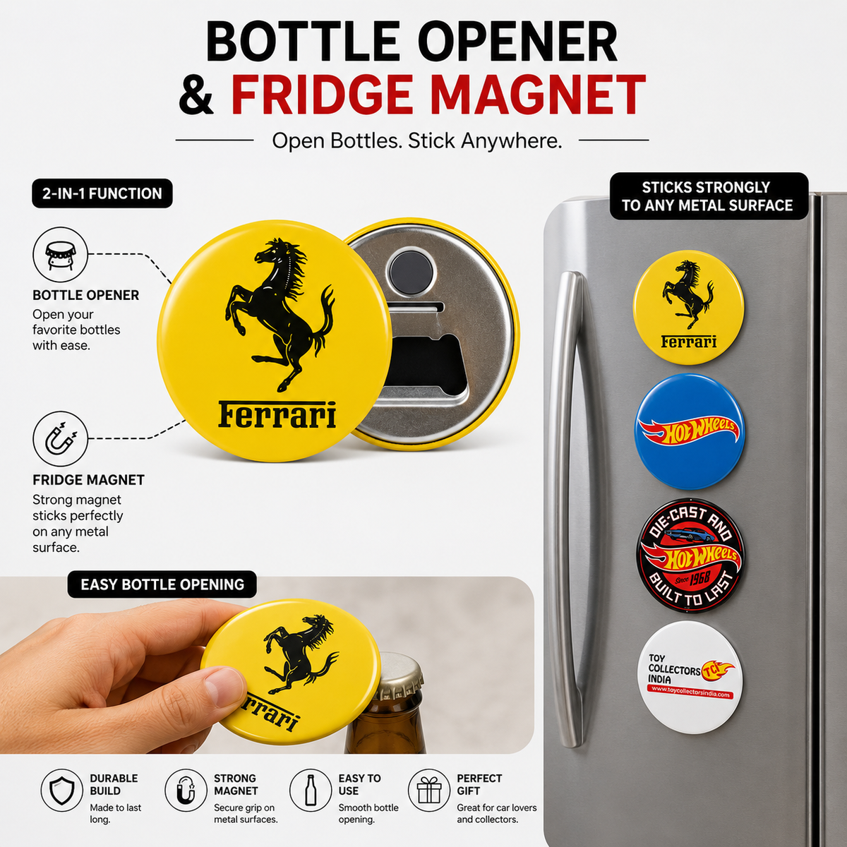 Decor Magnet 2-in-1 Bottle Opener & Fridge Magnet | Car & Racing Theme Designs Ferrari, Hot Wheels, Die-Cast & TCI Designs