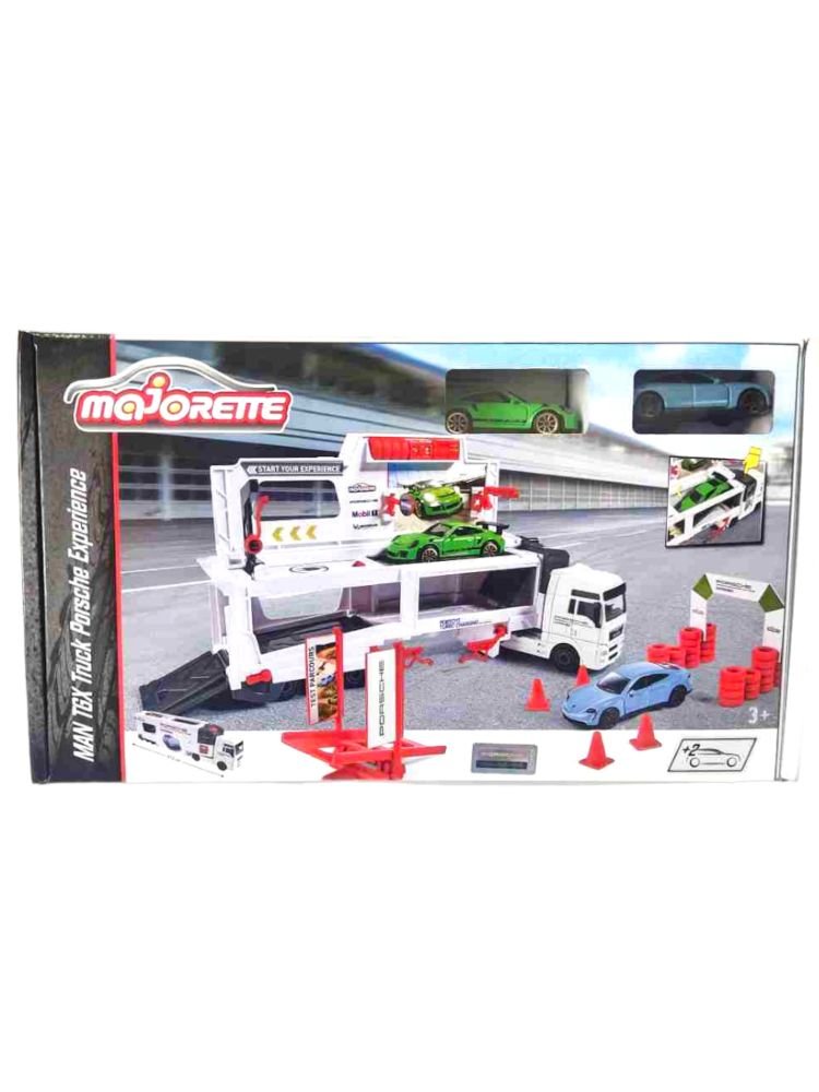 Majorette Man Tgx Truck Porsche Experience Fold-Out Racing Transporter, 27 Cm Long, Includes Porsche Taycan Turbo S And Porsche 911 Gt3
