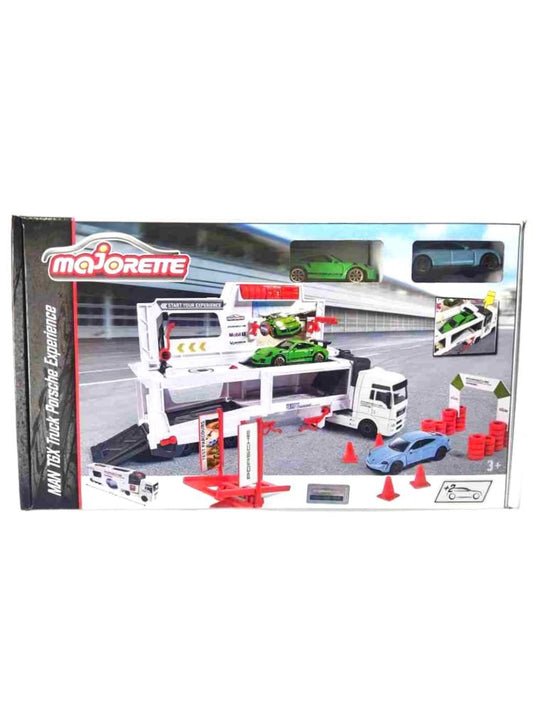 Majorette Man Tgx Truck Porsche Experience Fold-Out Racing Transporter, 27 Cm Long, Includes Porsche Taycan Turbo S And Porsche 911 Gt3