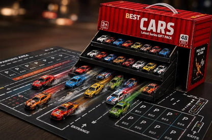 Best Cars Large Luxury Gift Box Pack of 48 Pull Back Toy Cars for Kids, Mini Die-Cast Style Vehicles with City Parking Playmat