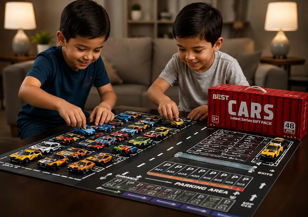 Best Cars Large Luxury Gift Box Pack of 48 Pull Back Toy Cars for Kids, Mini Die-Cast Style Vehicles with City Parking Playmat